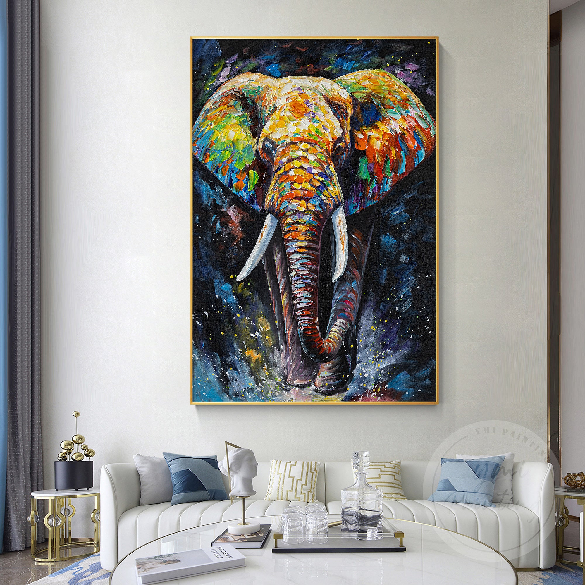 Hand-painted elephant artwork, serene and strong, with glowing colors and deep blue tones that create a tranquil mood.