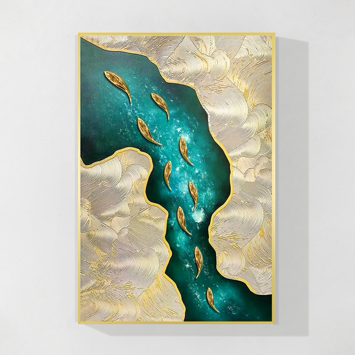 Emerald green fish painting 3D textured gold canvas wall art