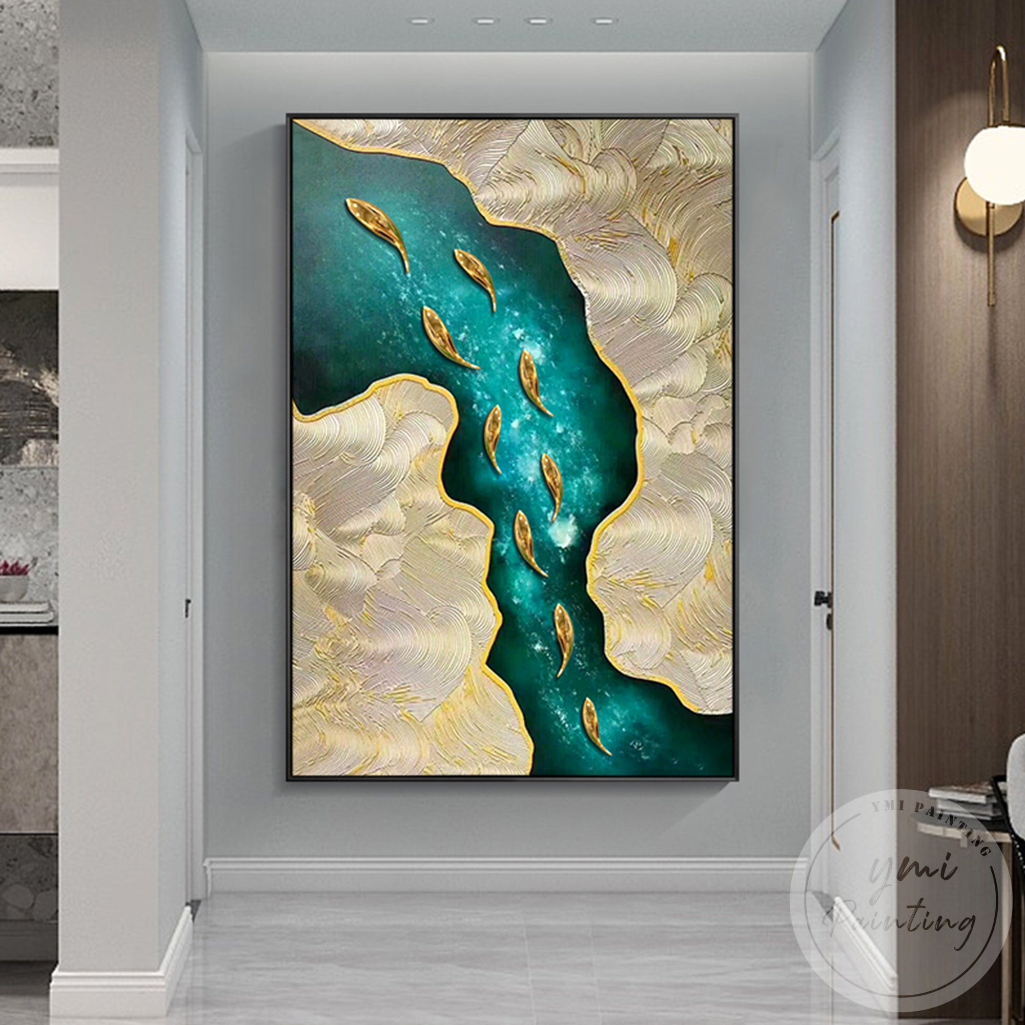 Hand painted emerald green abstract fish artwork
