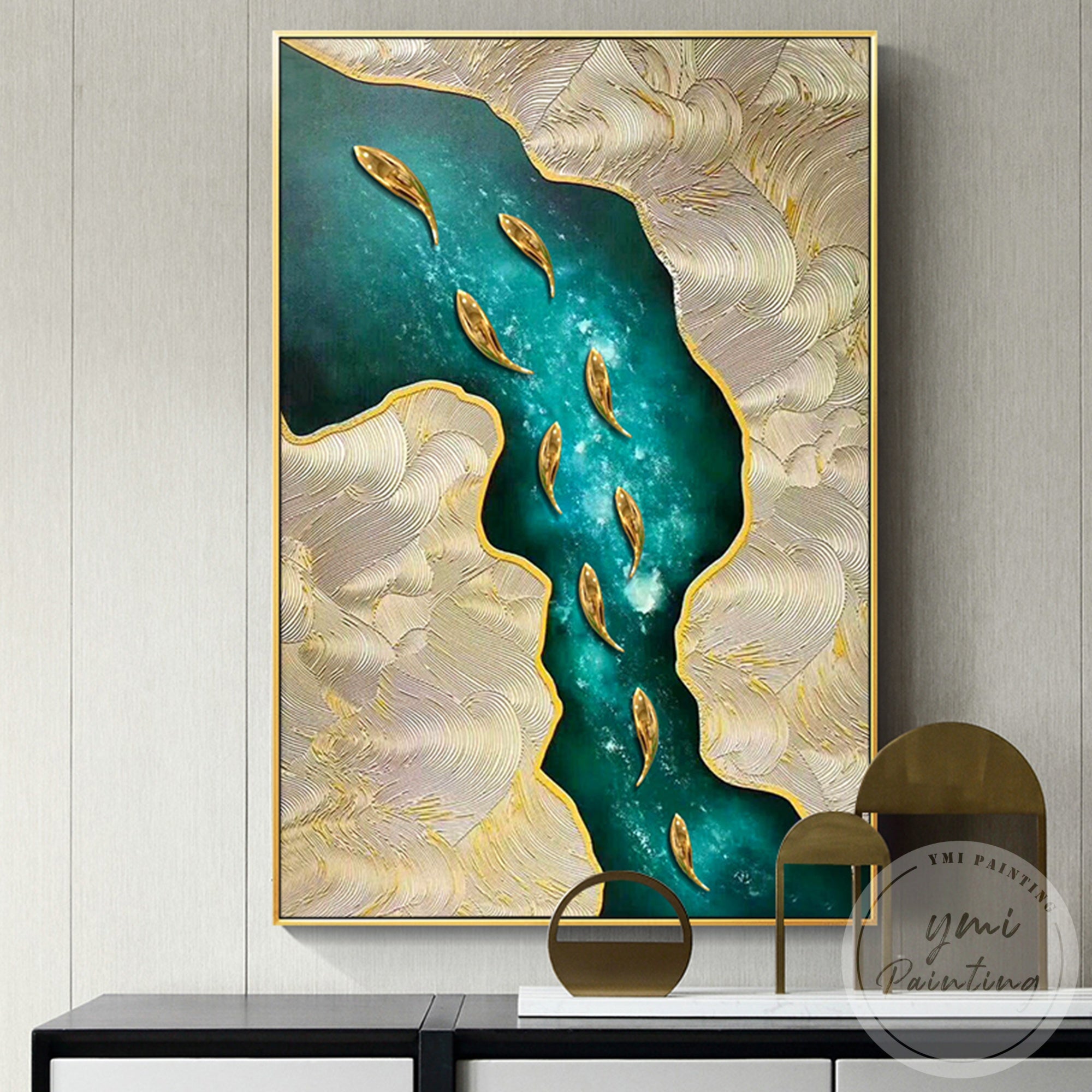 Luxury 3D textured fish painting for modern interiors