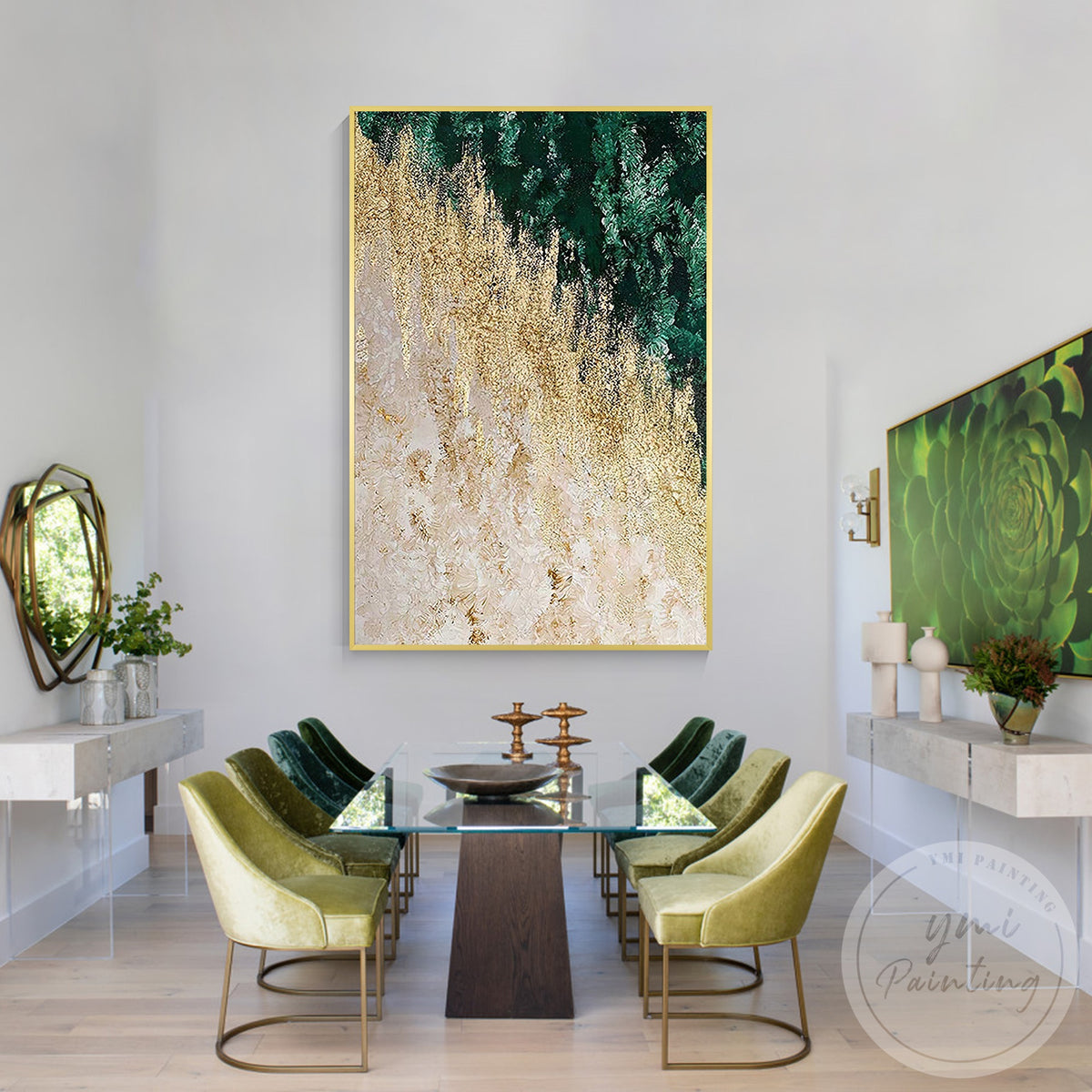 Metallic gold and emerald green canvas wall art