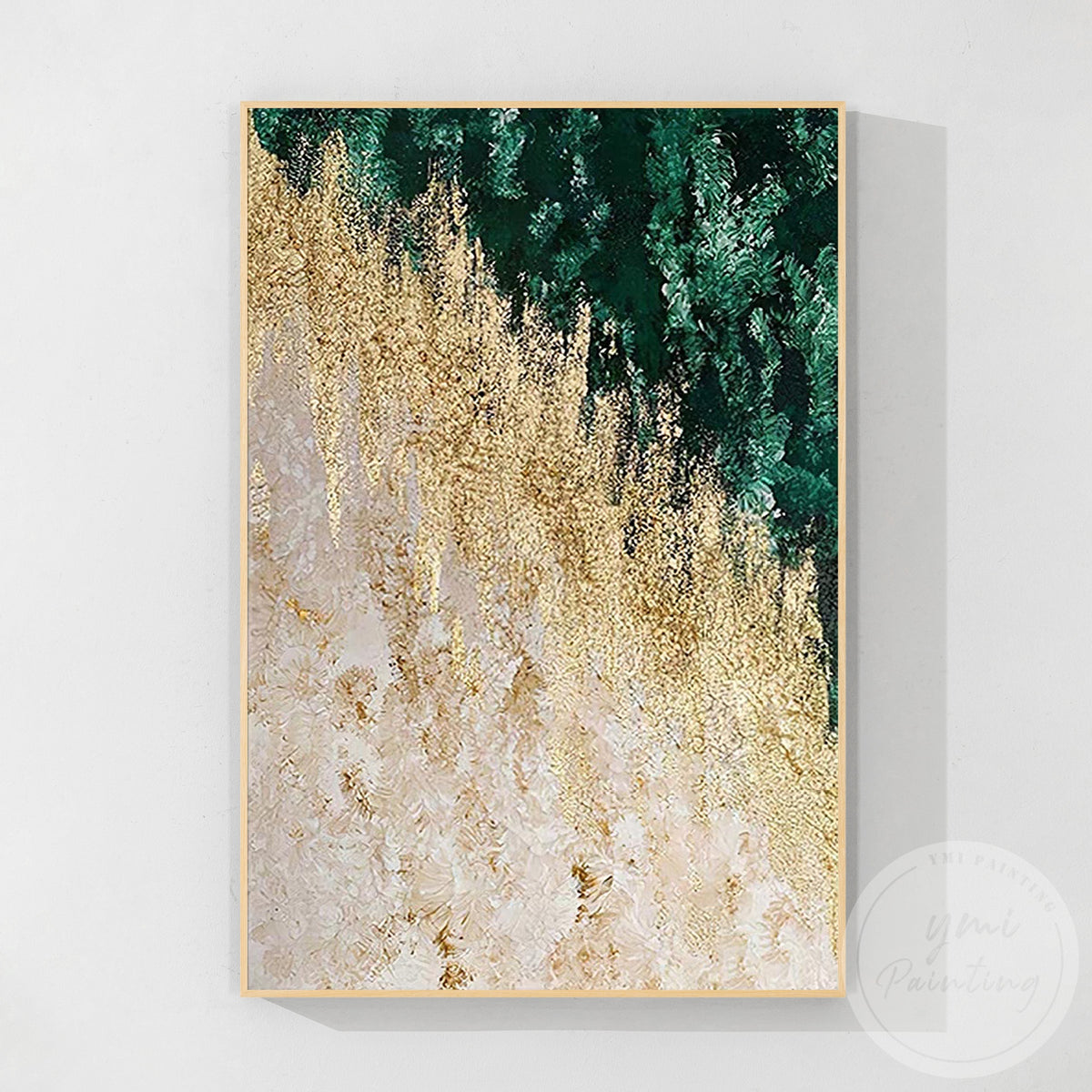 Emerald green abstract canvas with metallic gold accents