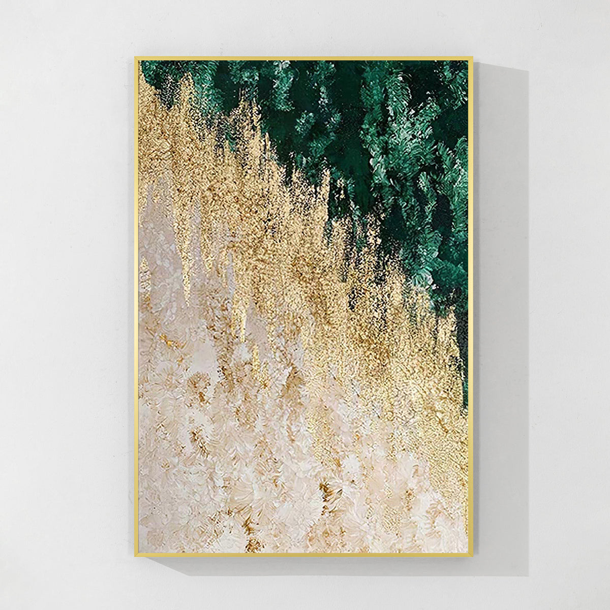 Emerald green and gold abstract painting on textured canvas