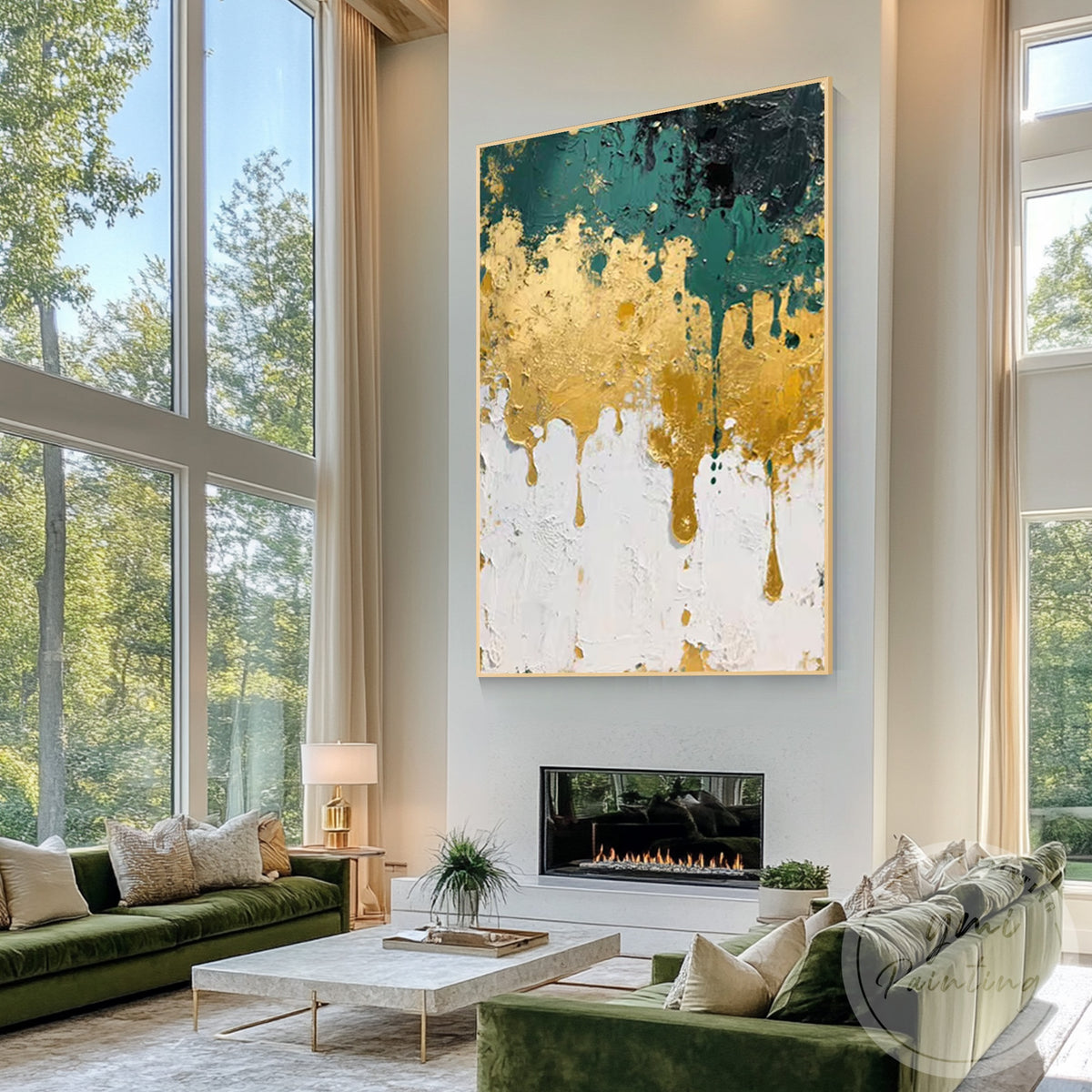Metallic emerald green gold painting for living room