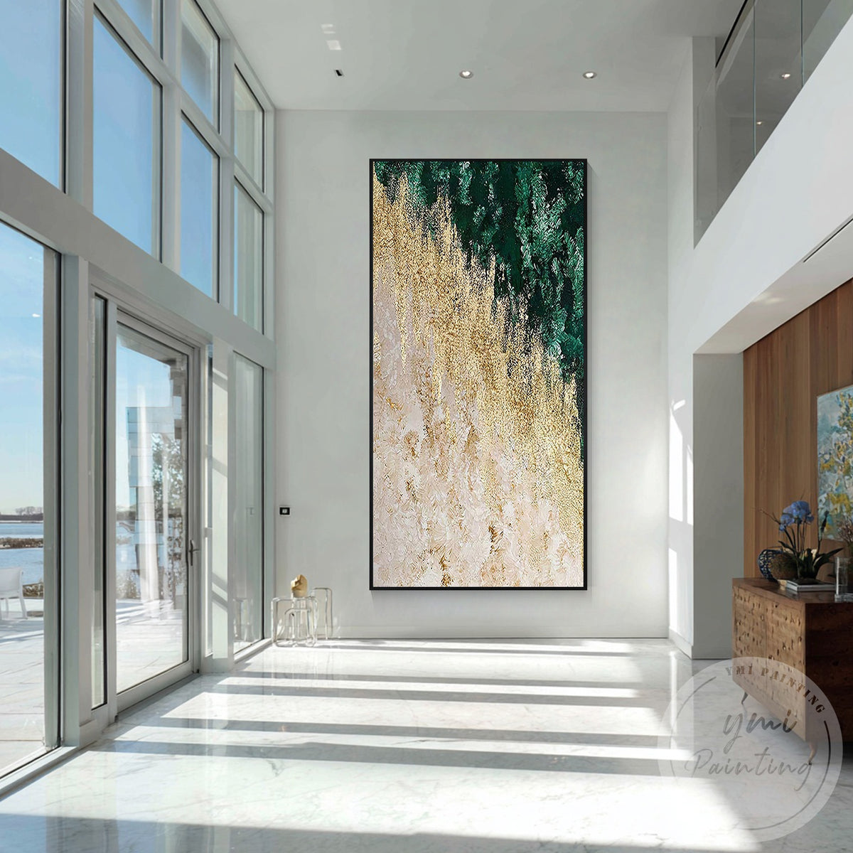 Metallic gold and green textured abstract painting