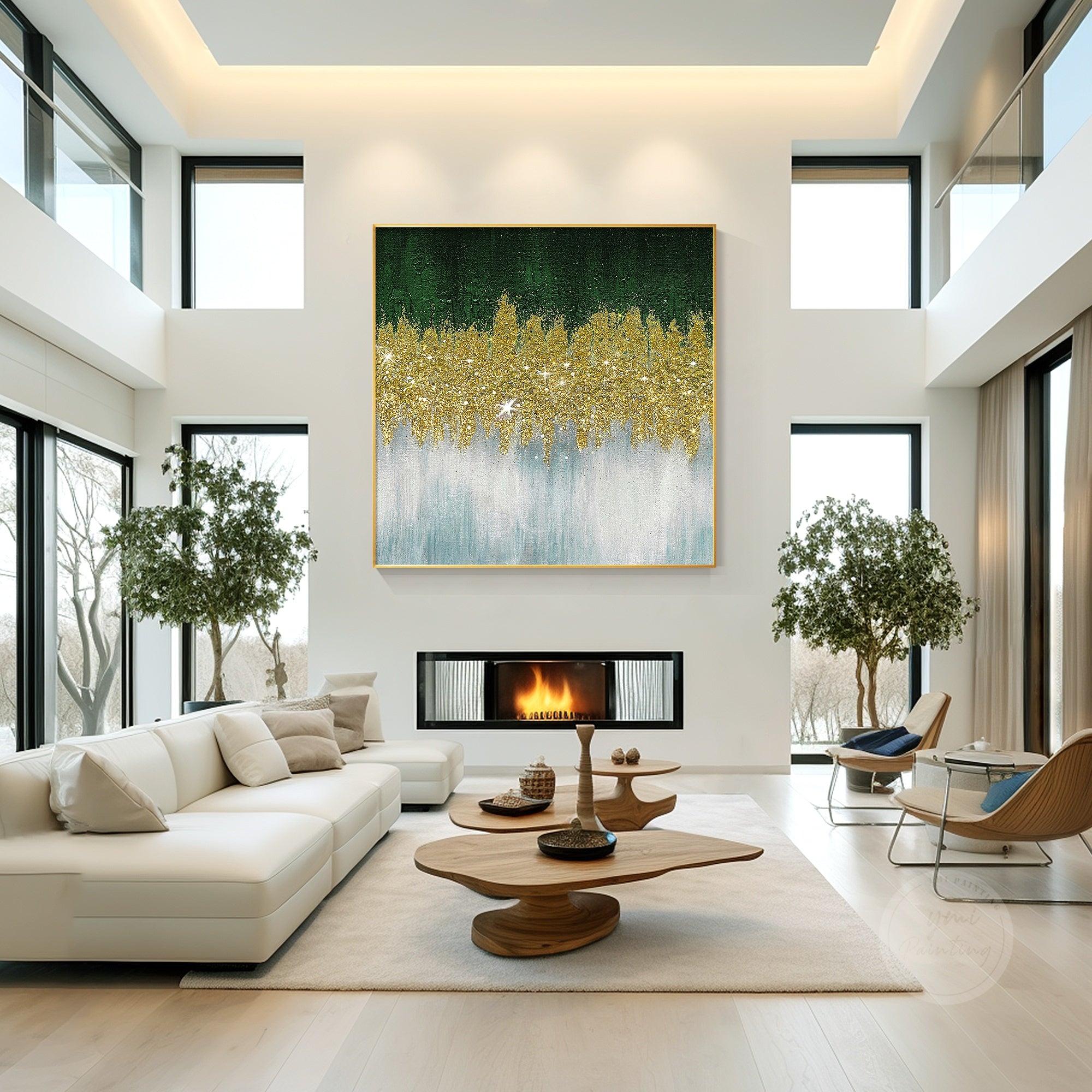 Contemporary glitter canvas artwork with gold glass fragments, deep green colors, and sophisticated interior style