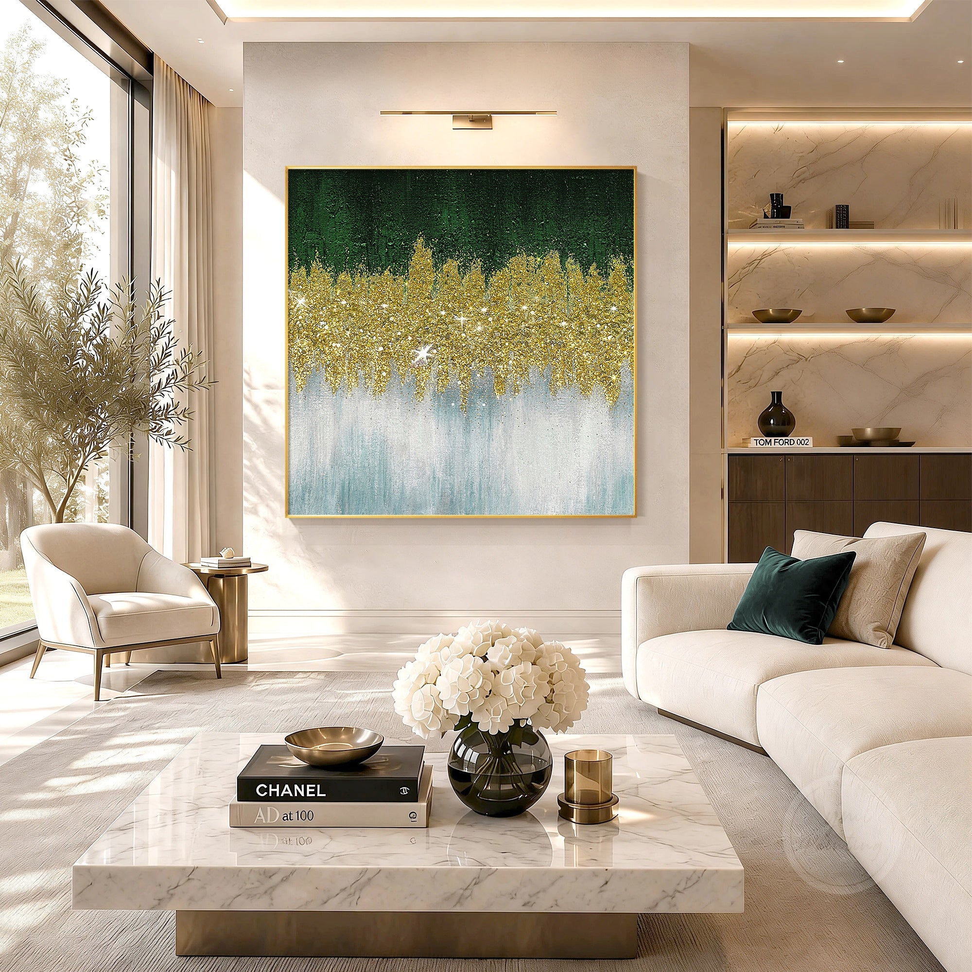 Handmade glitter wall art featuring dark green tones, golden sparkle accents, and textured glass details