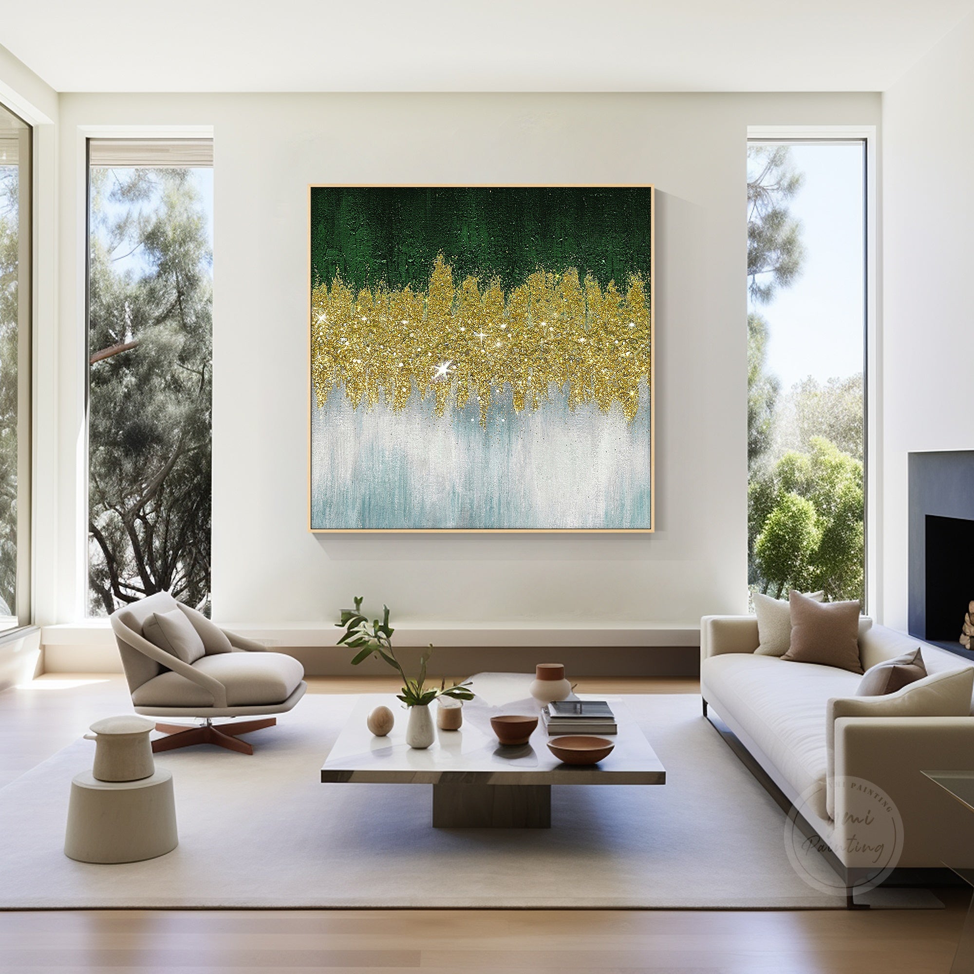 Modern abstract glitter painting with green background, gold crushed glass elements, and shimmering 3D texture