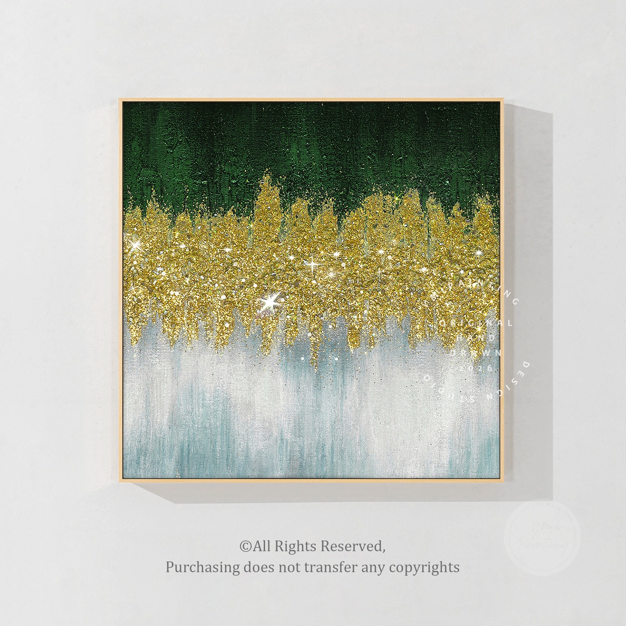 Square green gold glitter artwork with sparkling glass details and contemporary abstract wall decor style