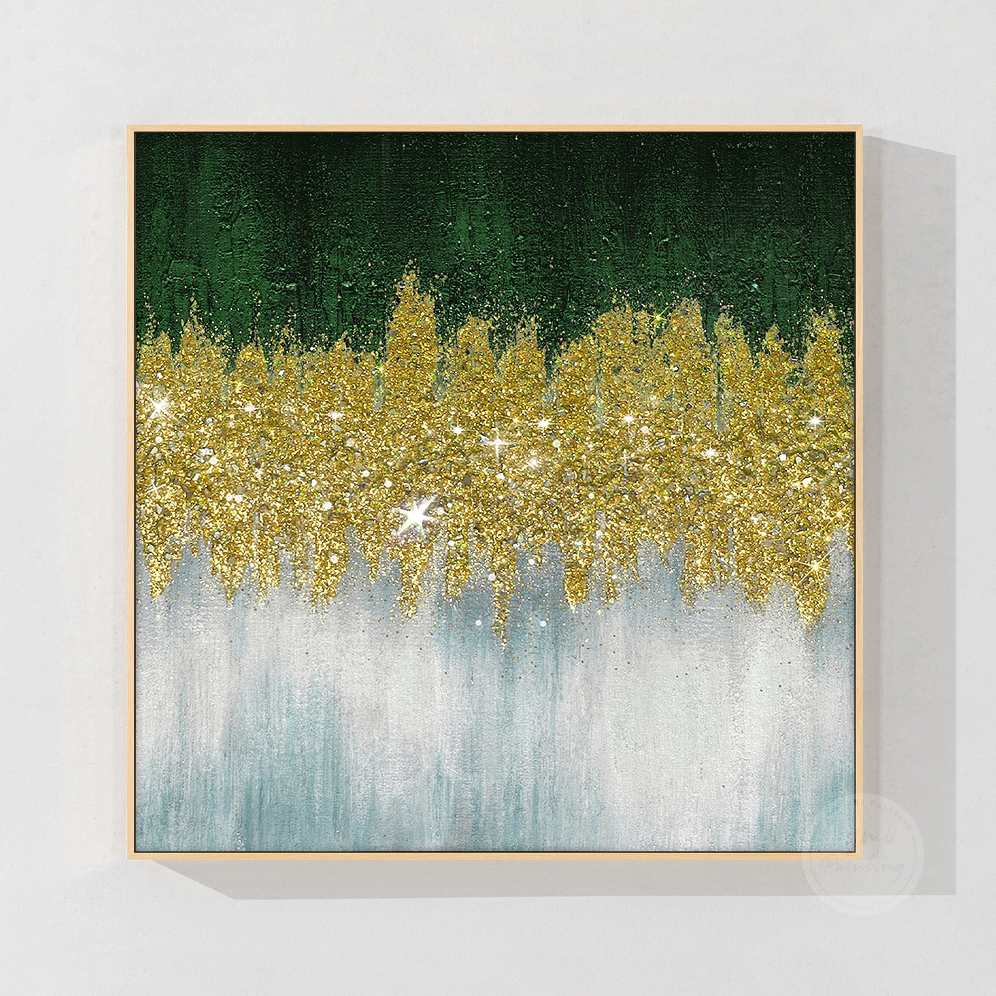Square green gold glitter artwork with sparkling glass details and contemporary abstract wall decor style