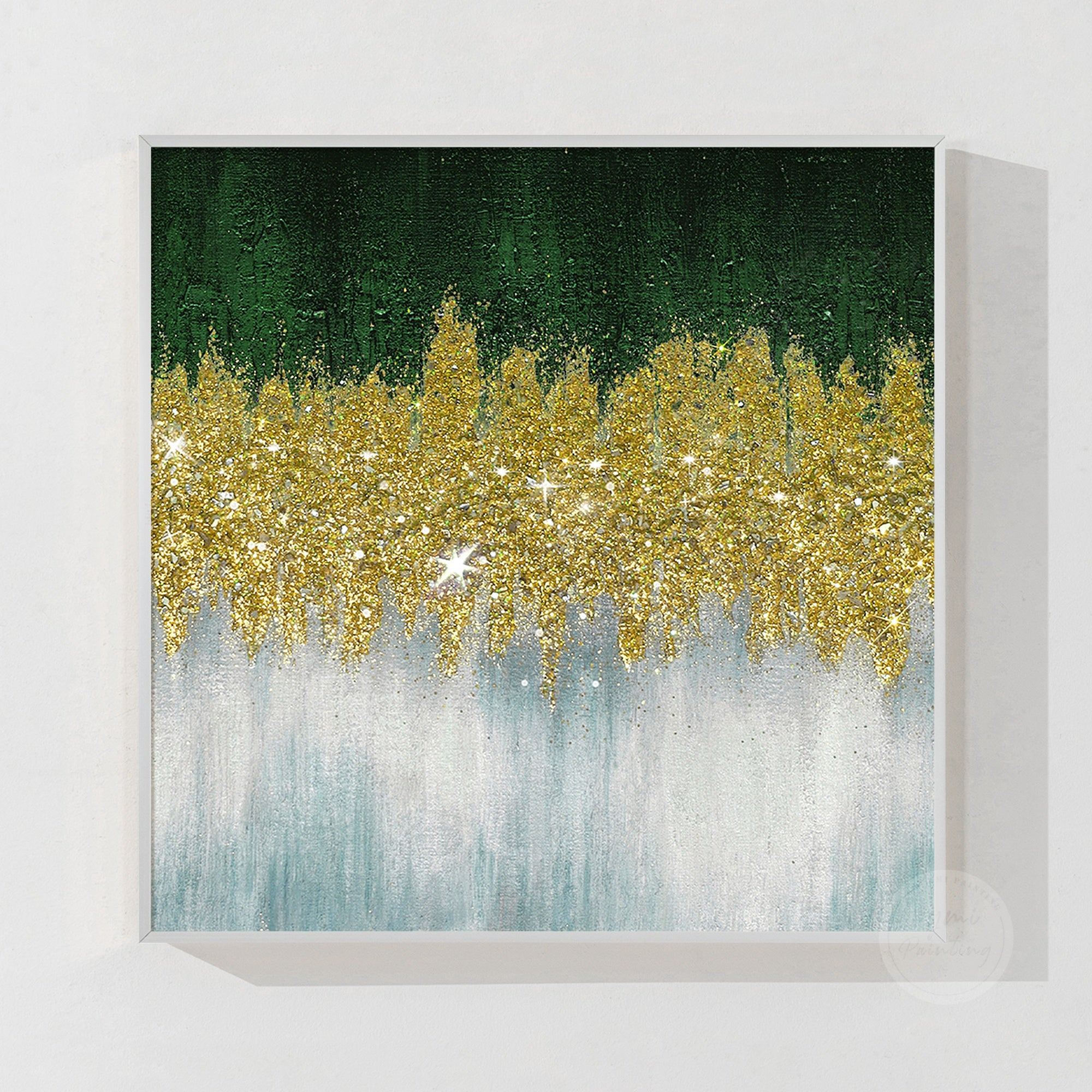 Square green gold glitter artwork with sparkling glass details and contemporary abstract wall decor style