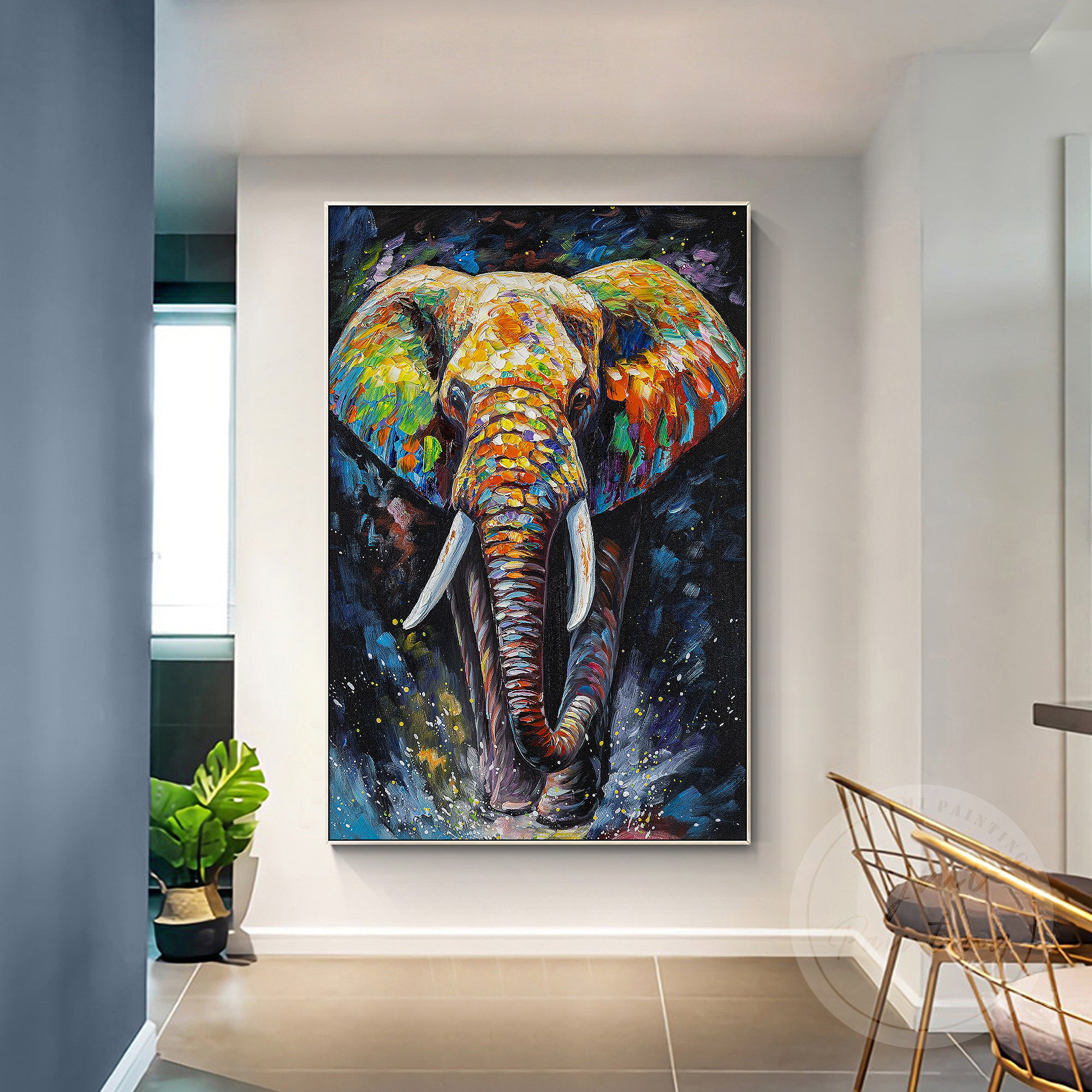 Elephant’s gaze shining through the dark night, illuminated by soft, glowing hues in this hand-painted artwork.