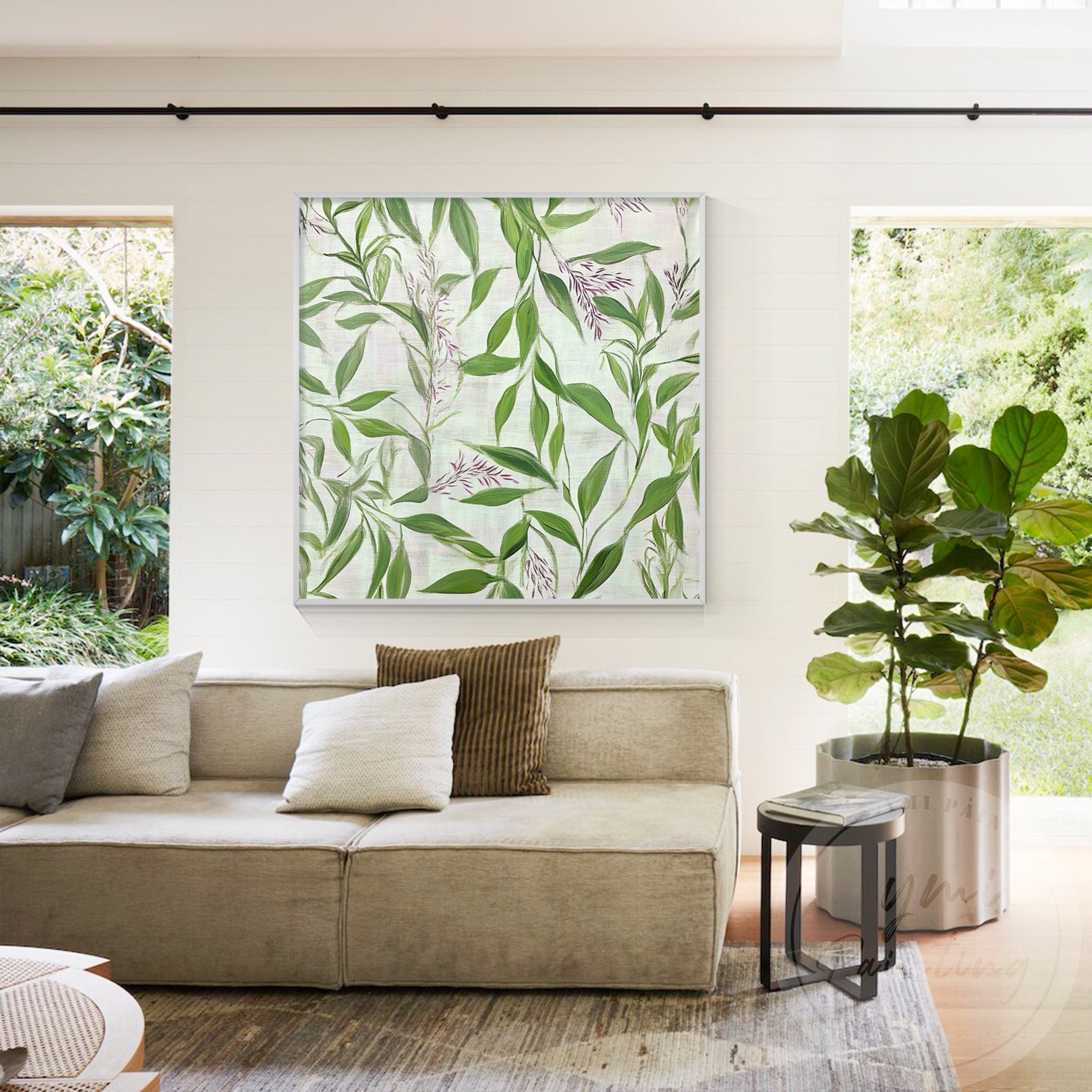 Hand-painted eucalyptus leaves and small purple flowers, capturing the texture and movement of the breeze with a green plants in an wonderful living room.