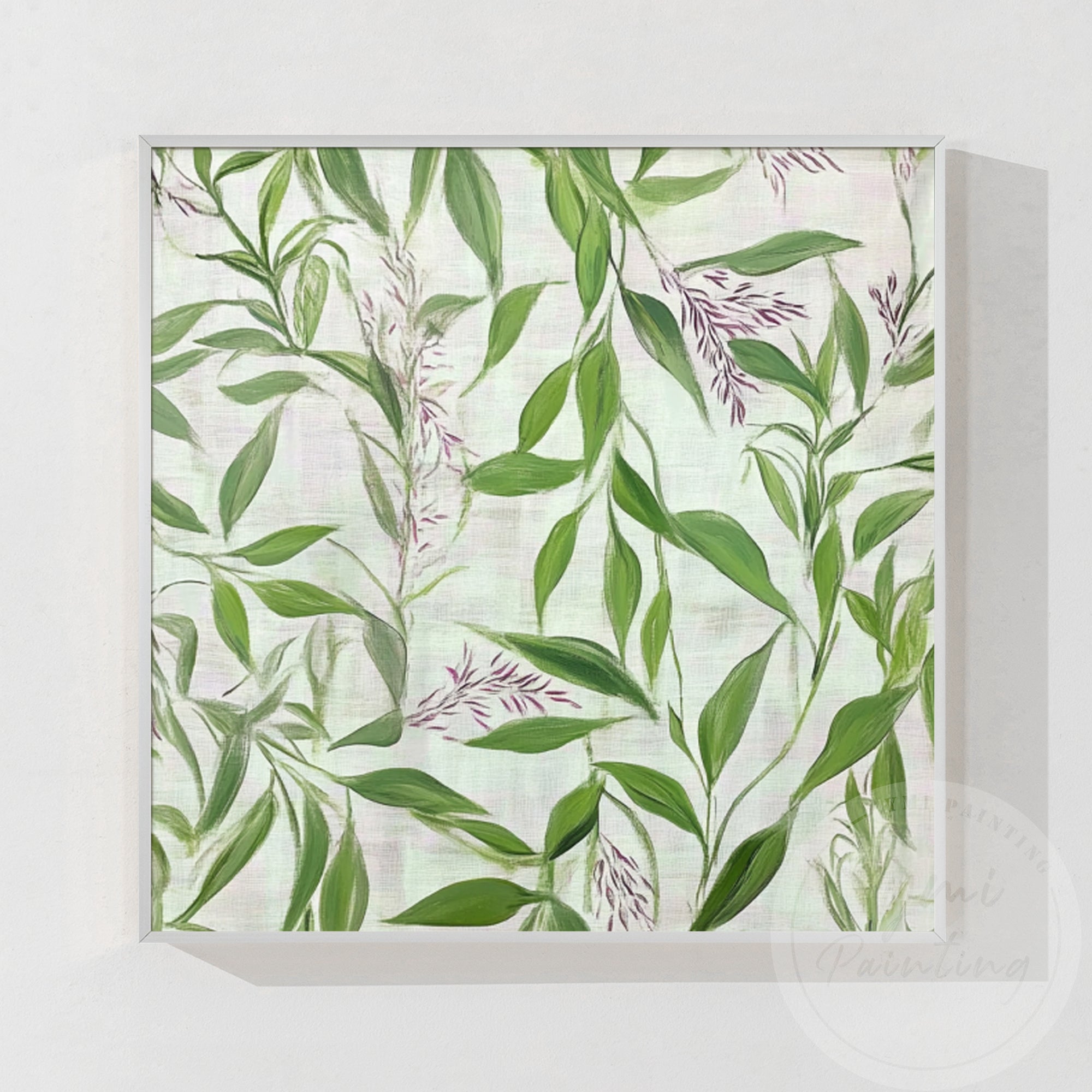 Hand-painted eucalyptus leaves swaying in the breeze, captured with delicate brushwork and intricate details.