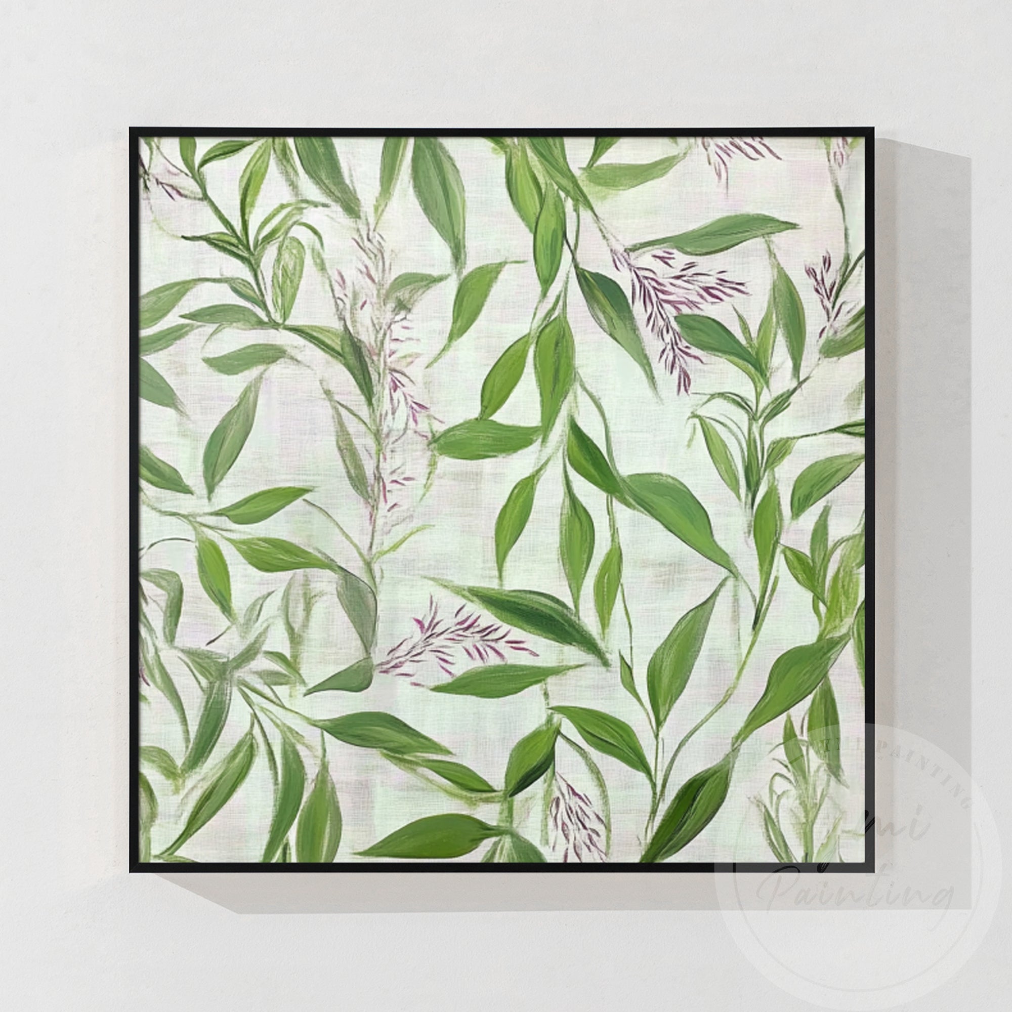 Eucalyptus leaves swaying in the breeze, skillfully painted to capture the interaction of light and shadow.