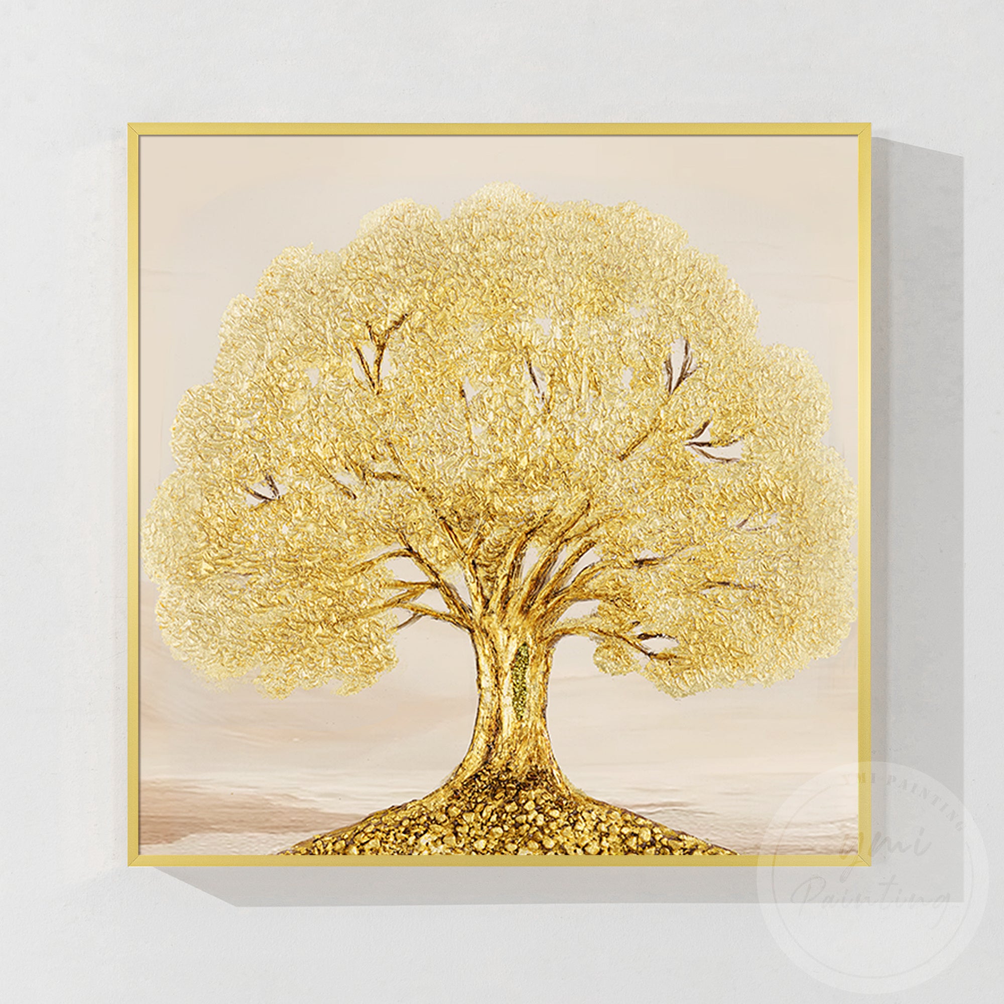 Minimalist golden tree of life wall art with exquisite details and refined golden leaf decoration in a gold color frame.