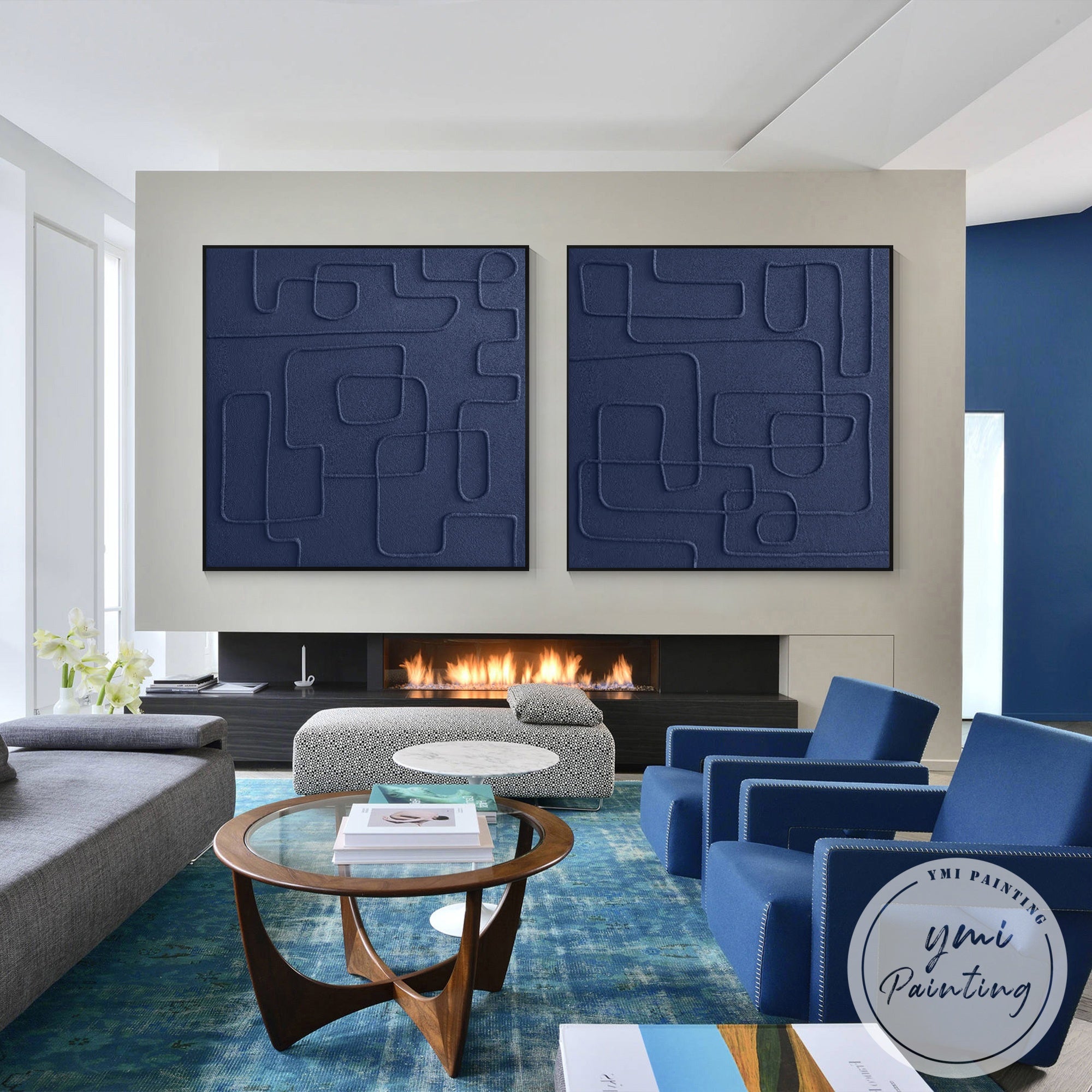 Navy blue textured abstract wall art set for contemporary home decor