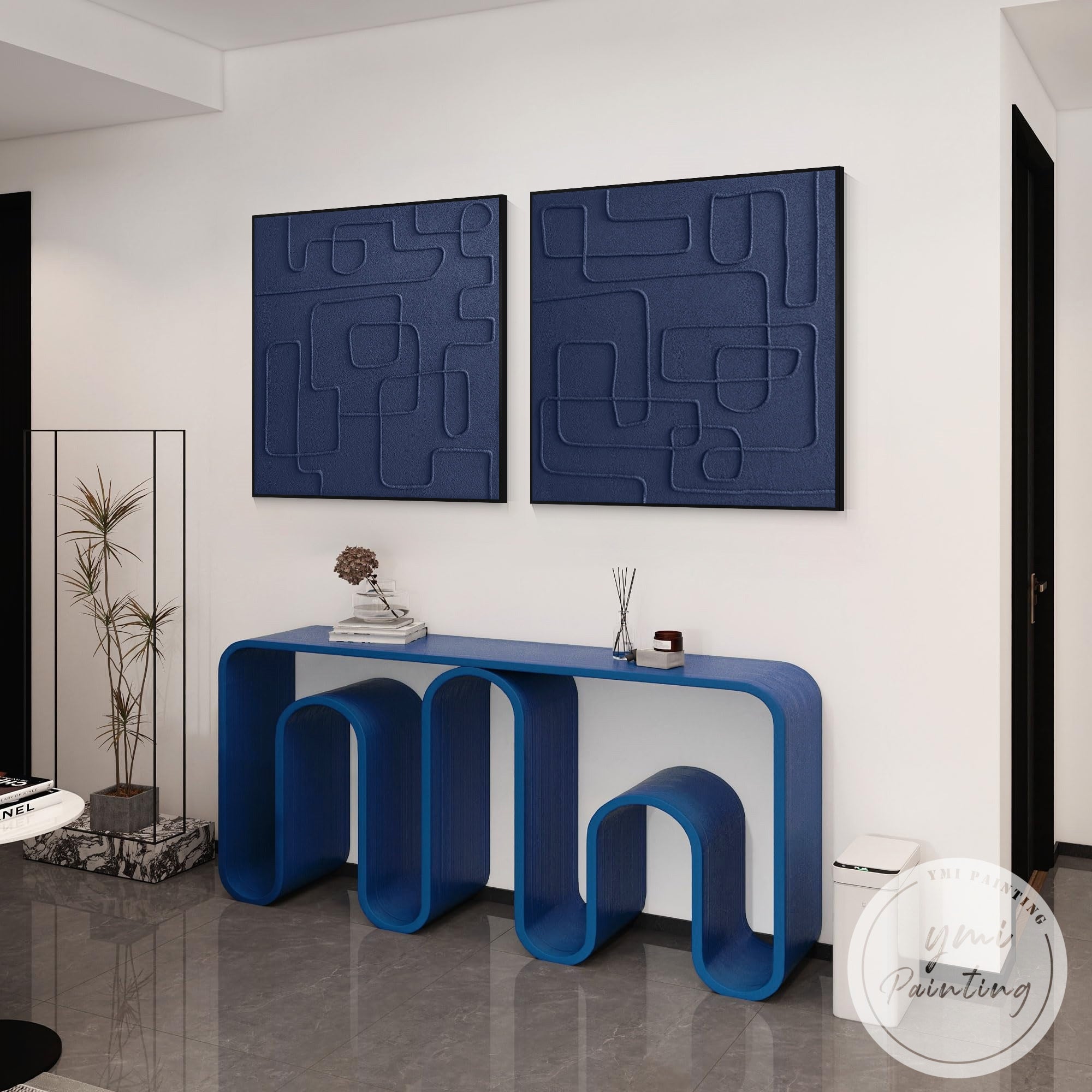 Framed minimalist square diptych painting in deep blue modern style