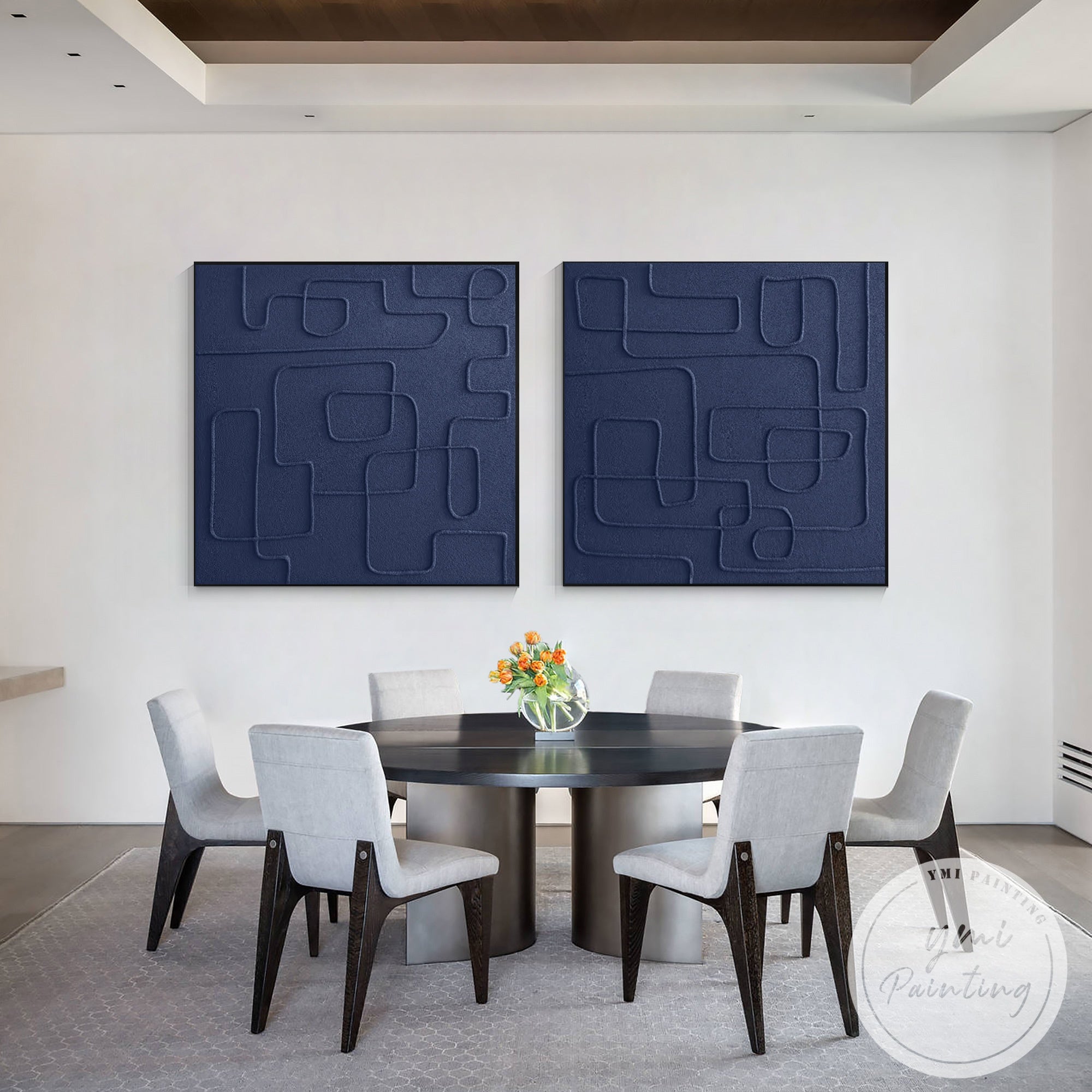Elegant navy abstract framed wall decor for living room interior