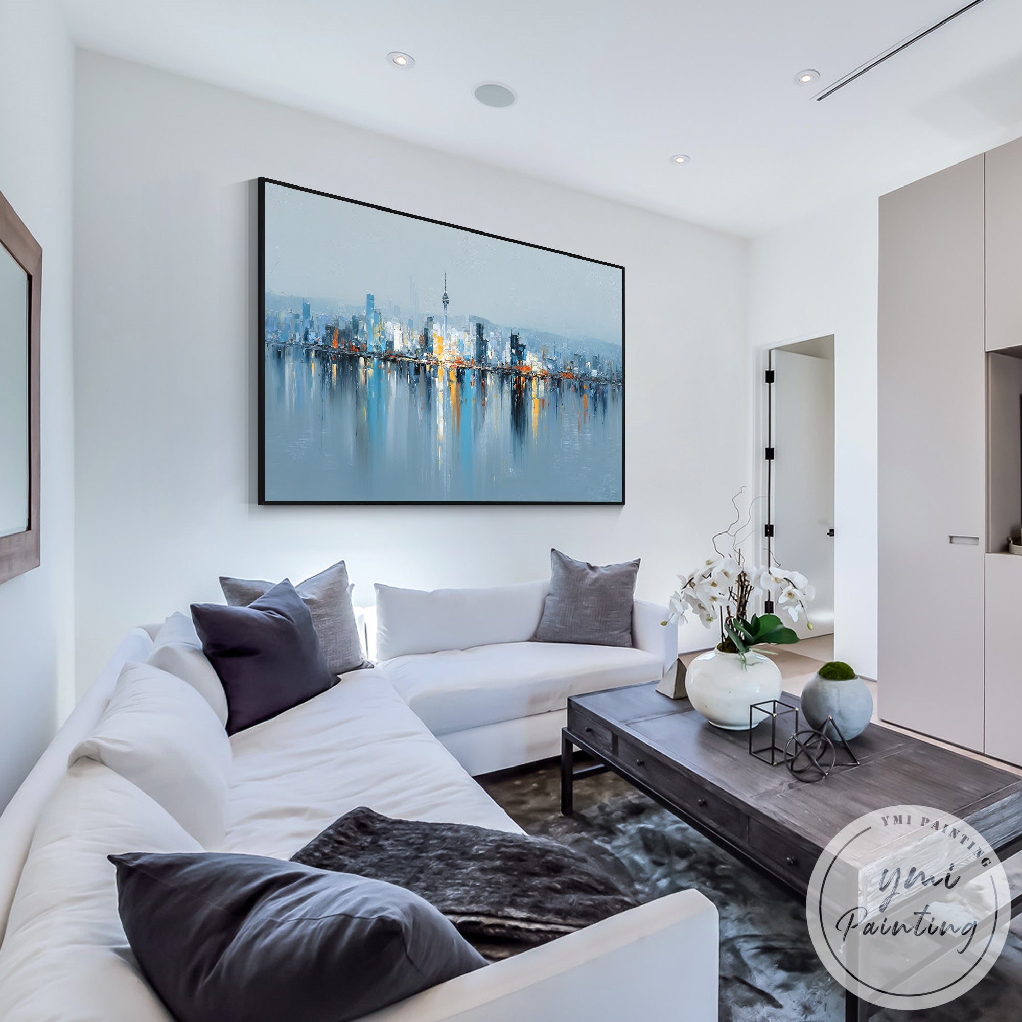 Horizontal hand painted urban skyline wall decor Seoul artwork