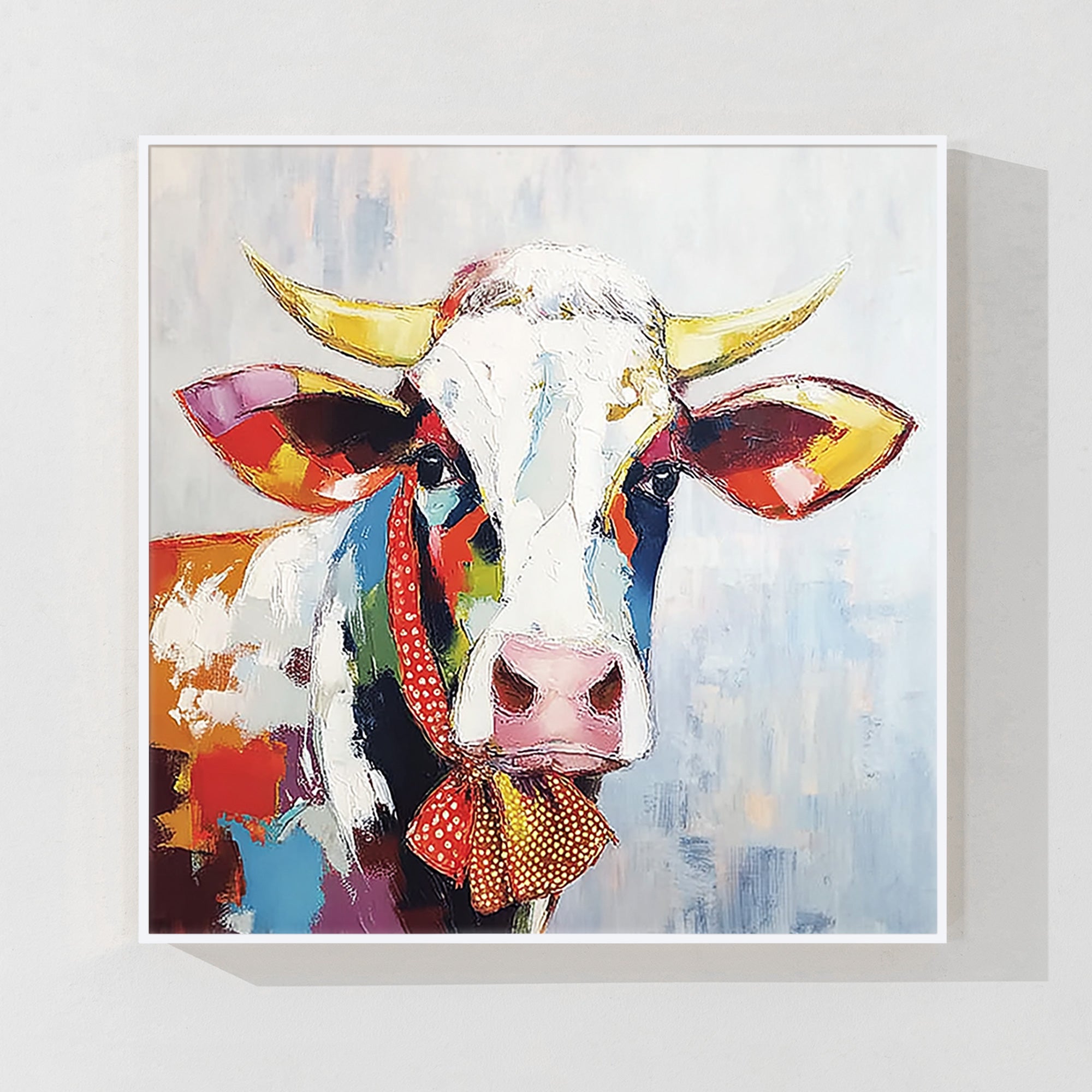 colorful cow portrait painting with vibrant abstract brushstrokes