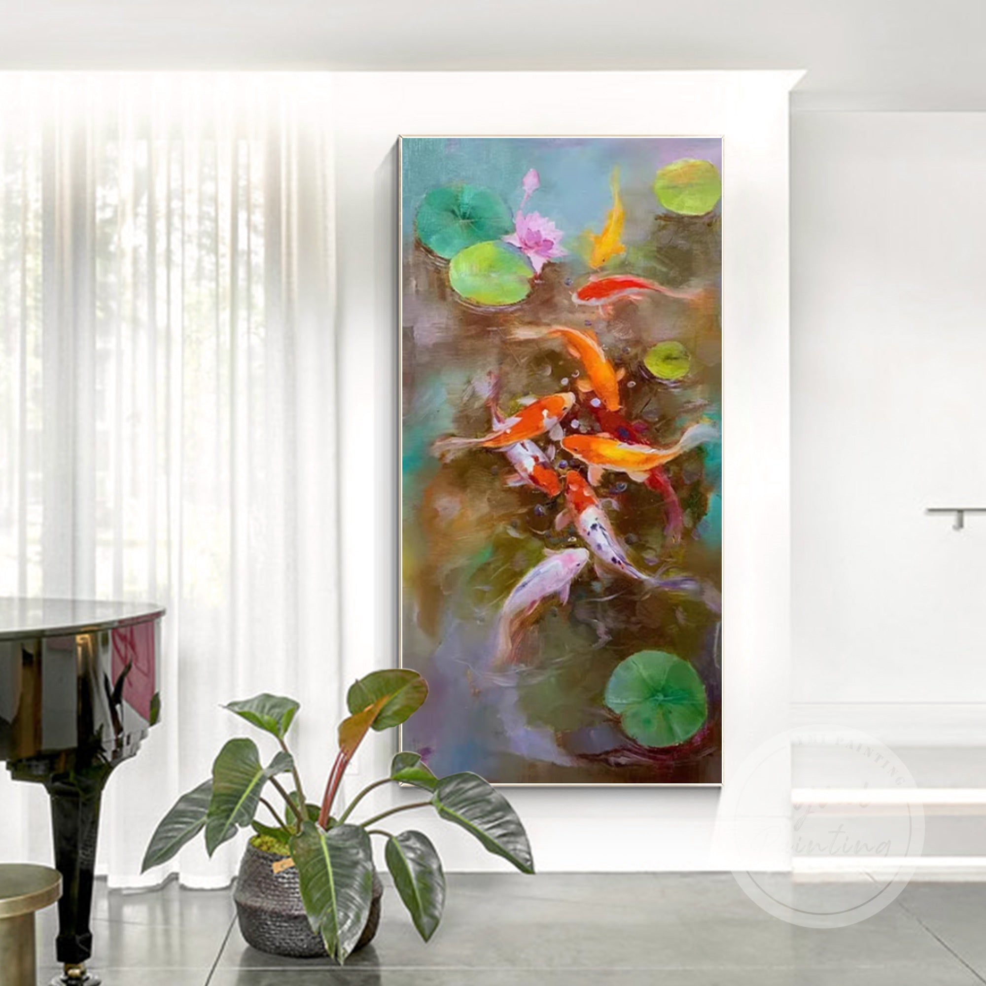 Tranquil koi and lotus pond painting with vibrant colors