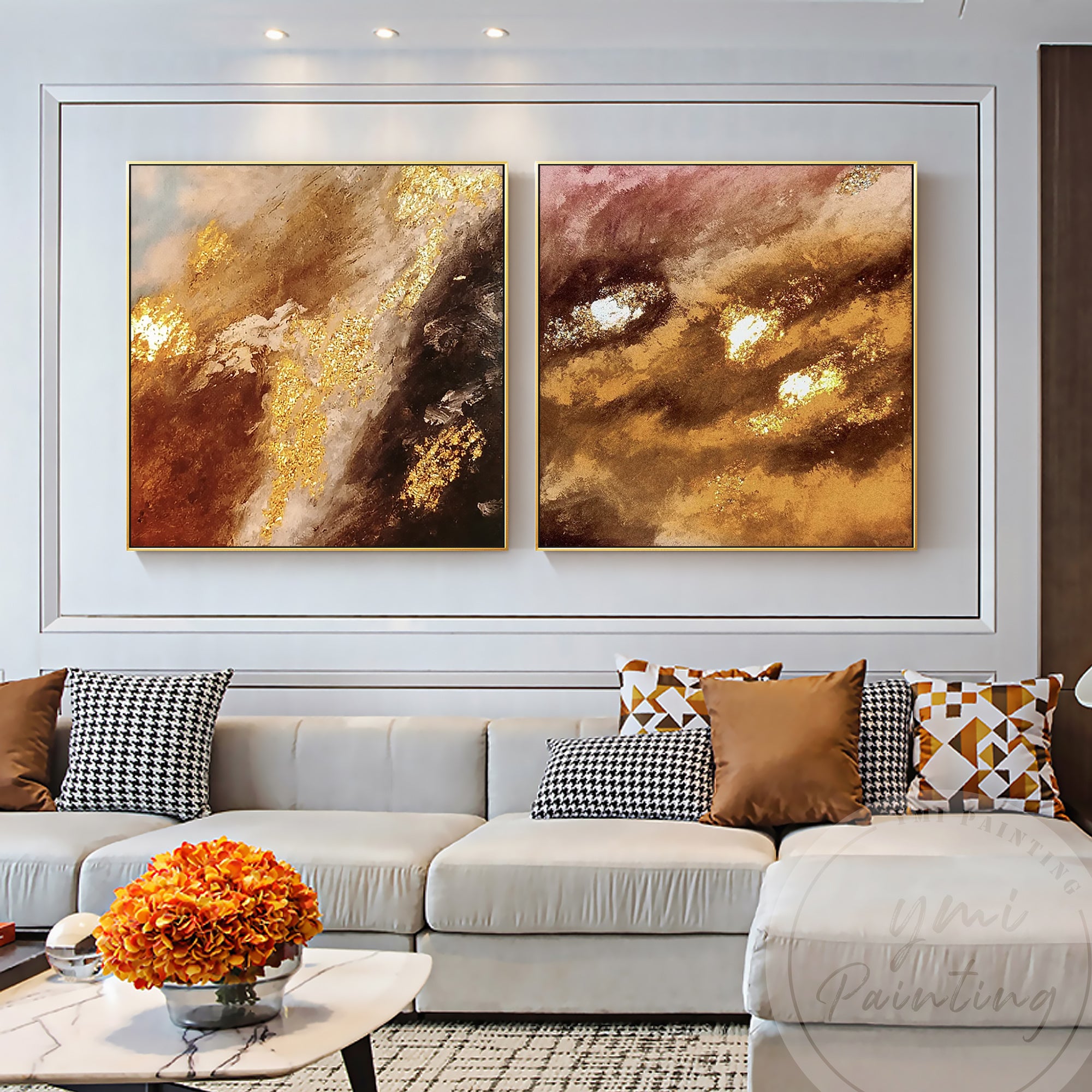 Fiery sky diptych painting with deep browns, rich oranges, and gold leaf accents depicting a fire cloud to decorate above the luxury, cozy sofa.