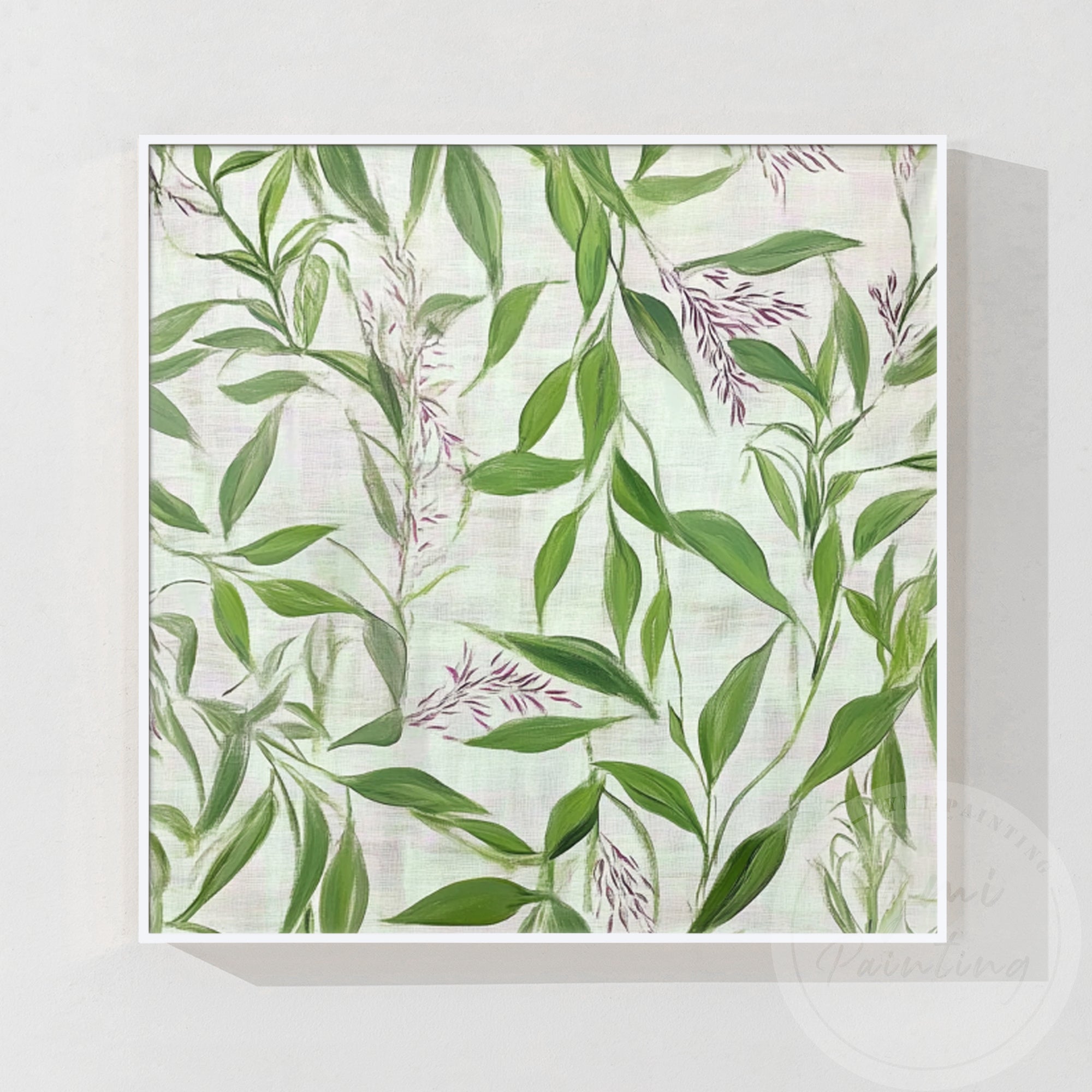 Hand-painted eucalyptus leaves and buds with a fresh spring breeze atmosphere, adding life to the scene.