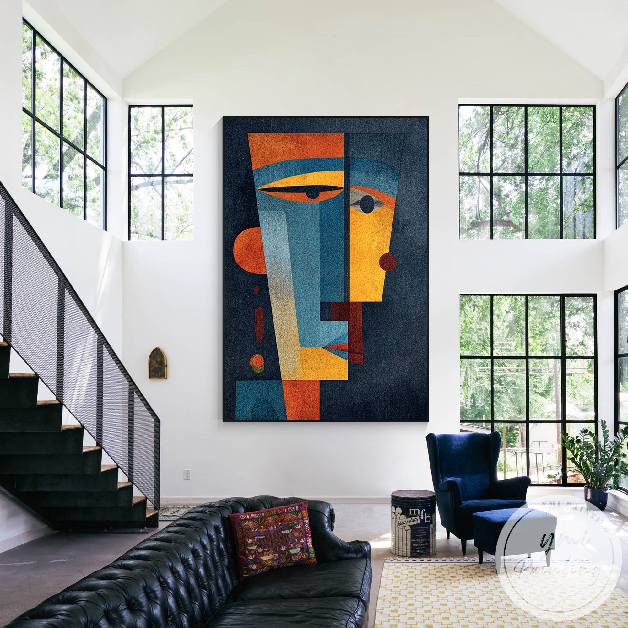 Mid century modern color block portrait wall decor artwork