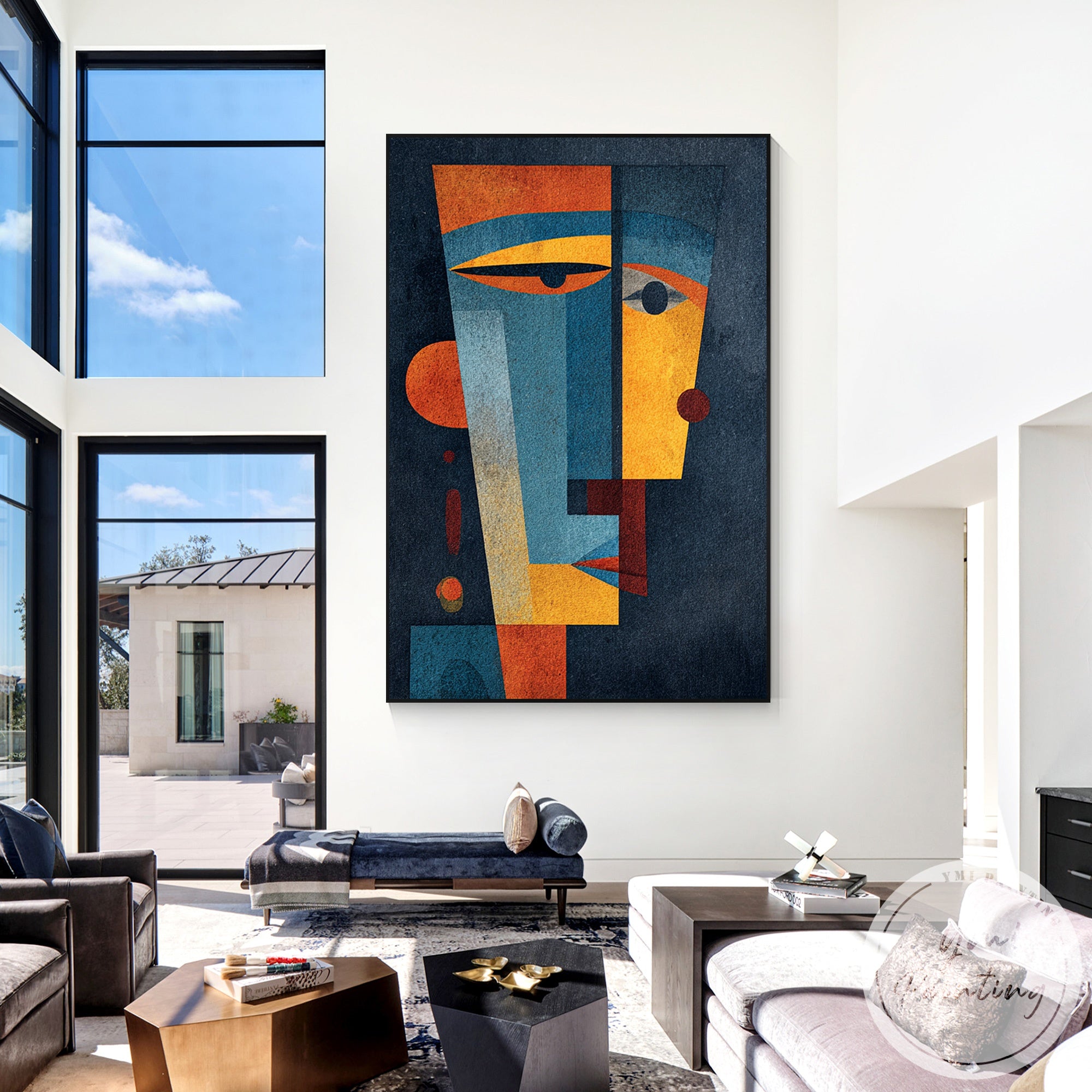 Modern abstract face artwork with bold color blocking style