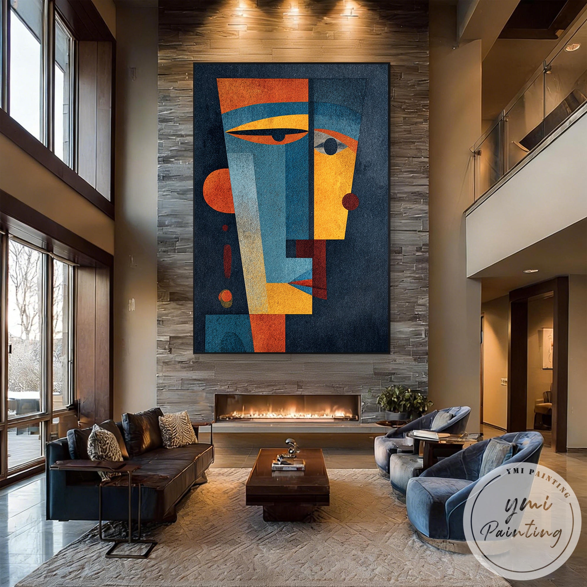 Contemporary cubist portrait wall decor for living room