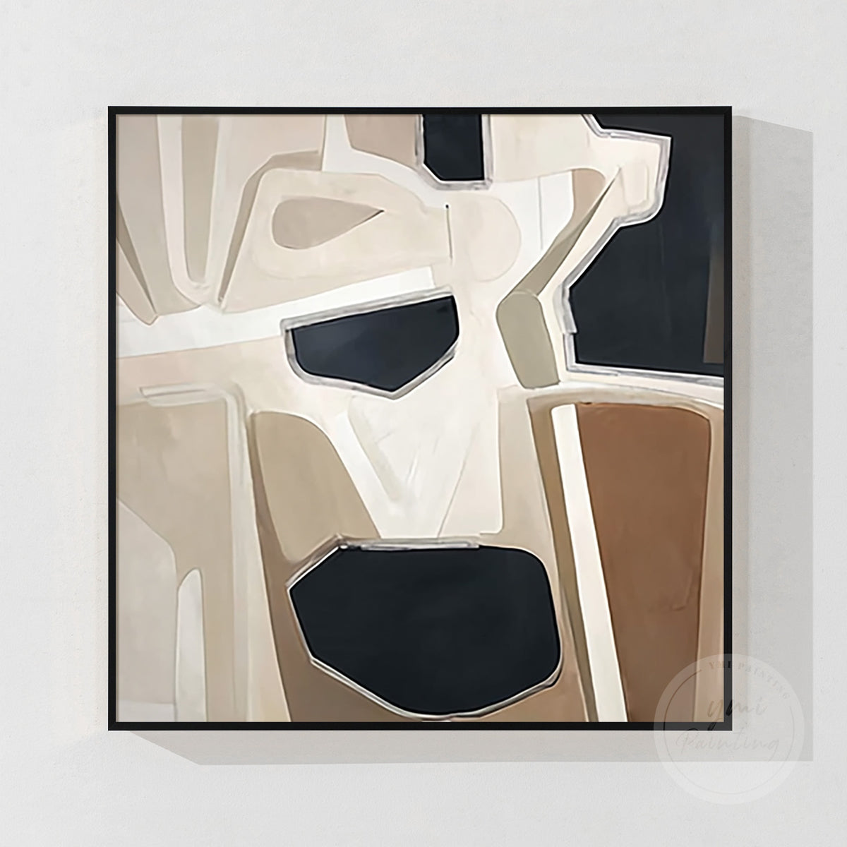 Geometric abstract wall art, angled perspective showing the balance of shapes and negative space
