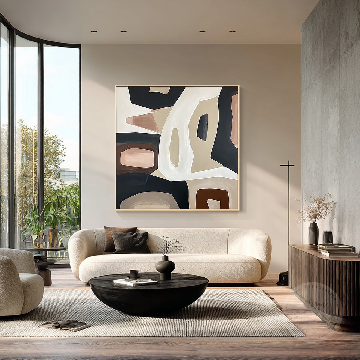 Modern geometric abstract wall art in brown and black, front view