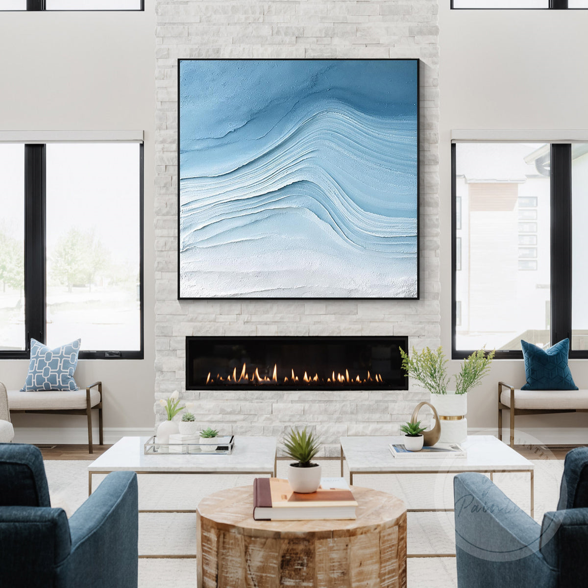 Blue glacier wave abstract art in a modern home interior