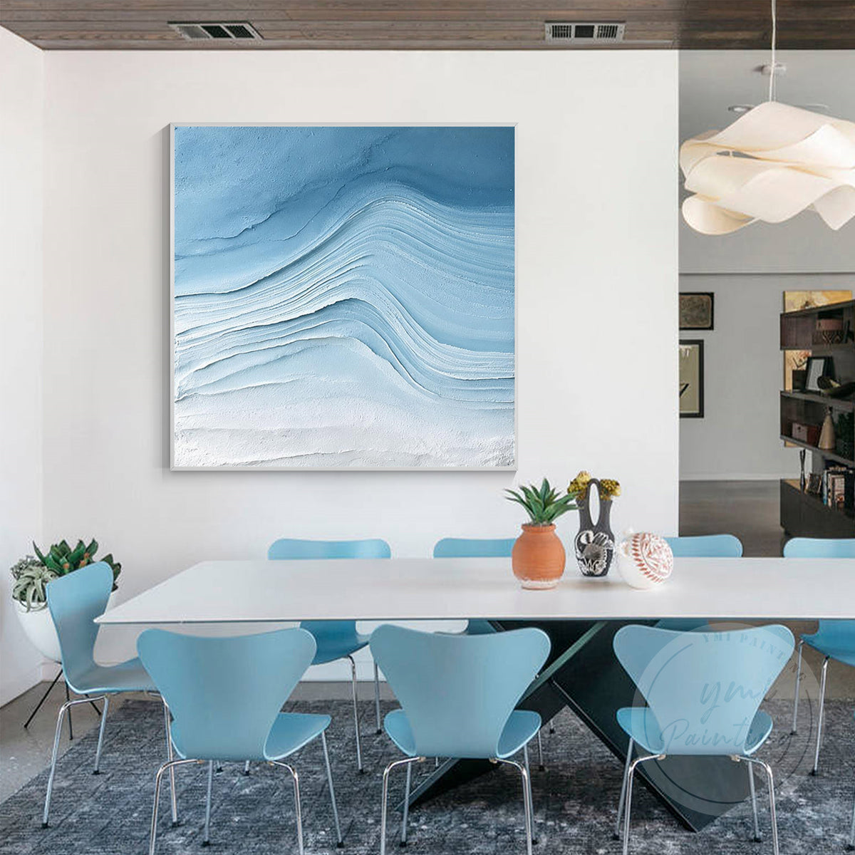 Sculptural blue glacier wave texture on canvas