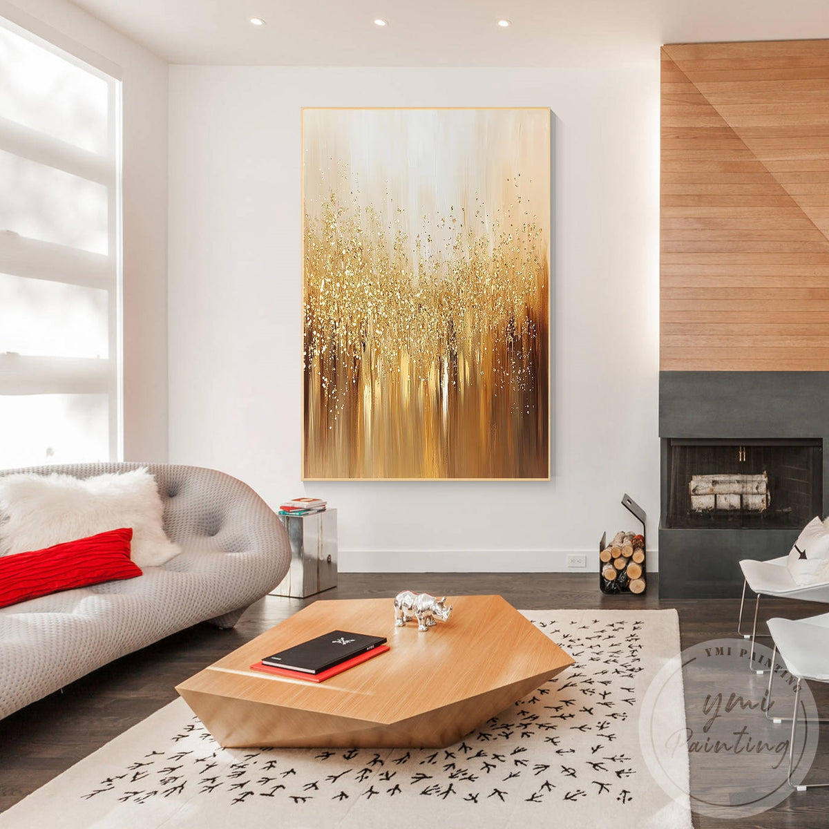 Textured gold abstract painting with neutral tones