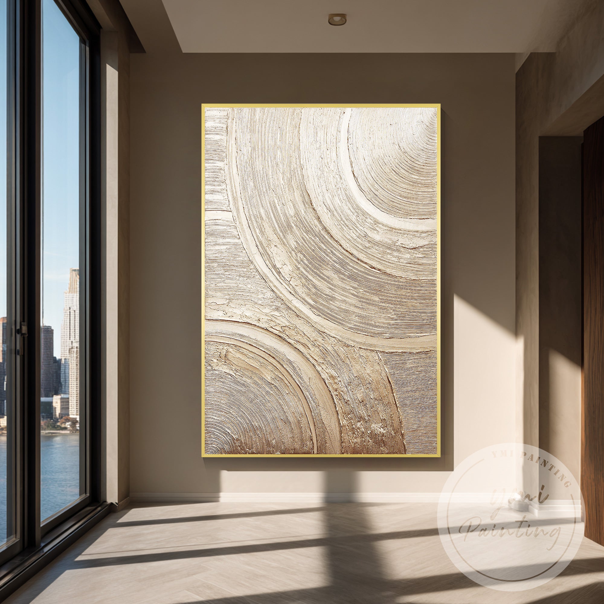 Minimalist plaster canvas art in neutral modern interior