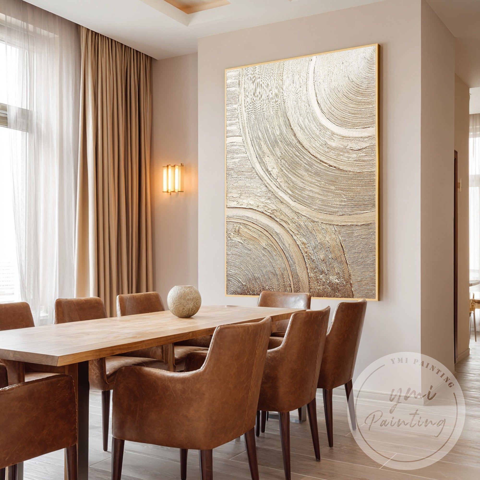 Scandinavian neutral abstract plaster painting with circular design
