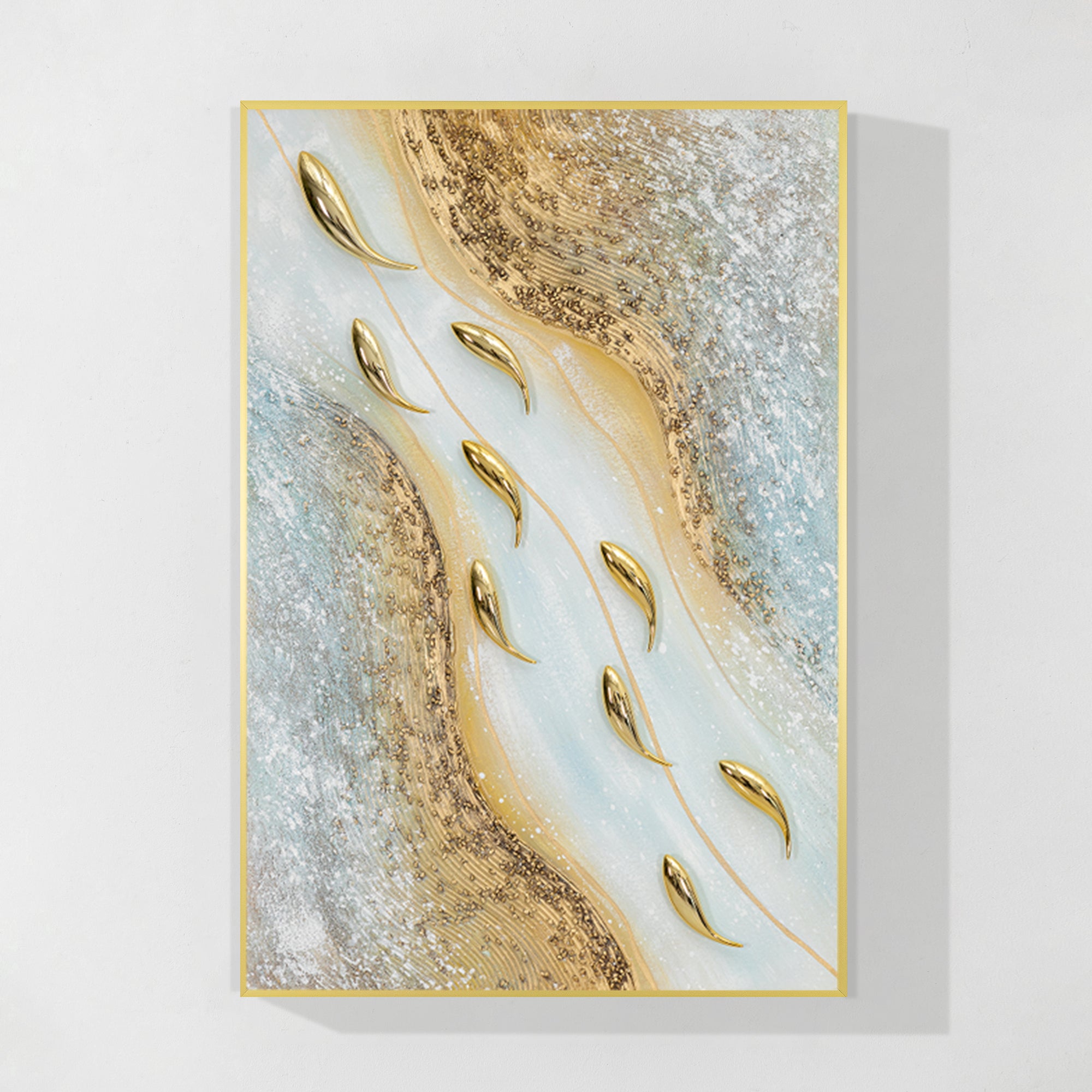 Gold fish 3D textured painting luxury vertical ocean wall art
