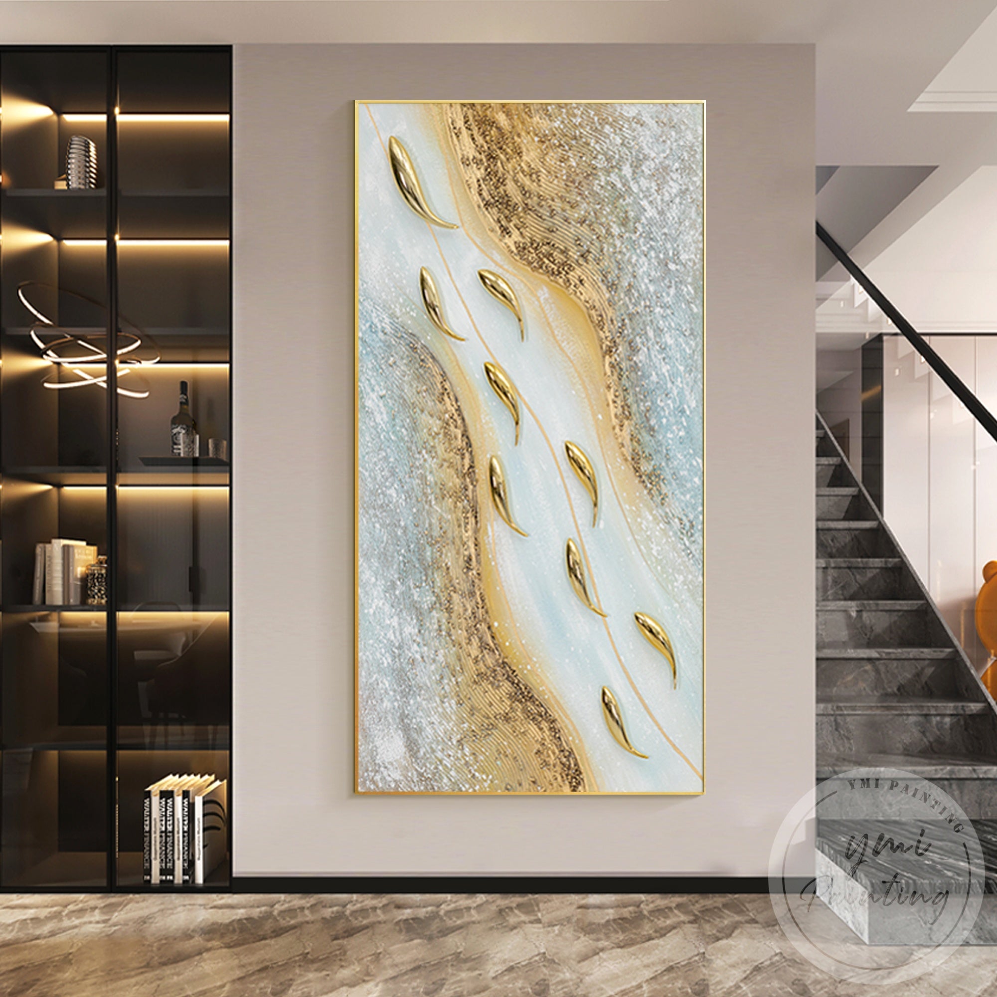 Sculptural gold fish wall decoration with raised texture