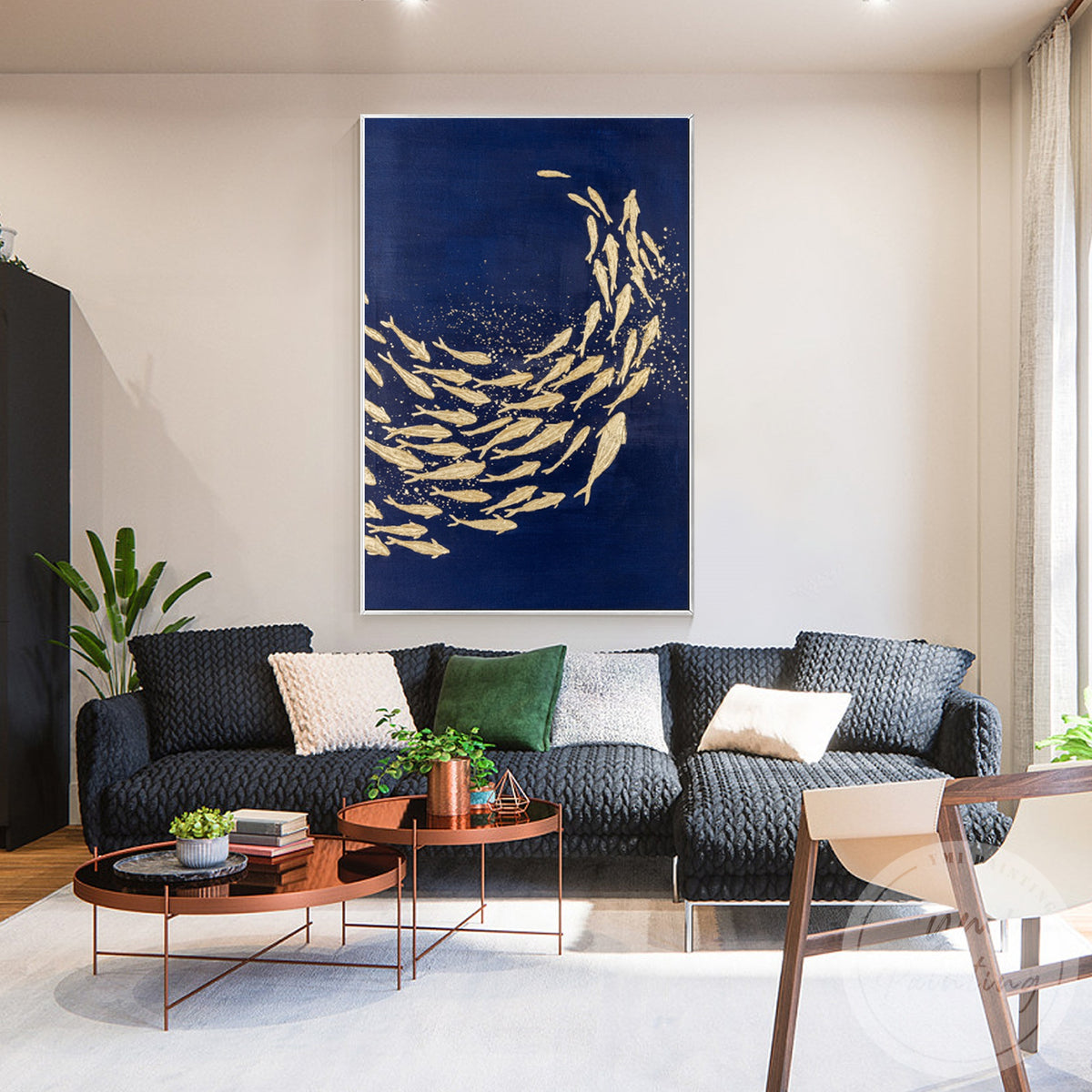 Hand painted gold fish wall art on dark blue framed canvas