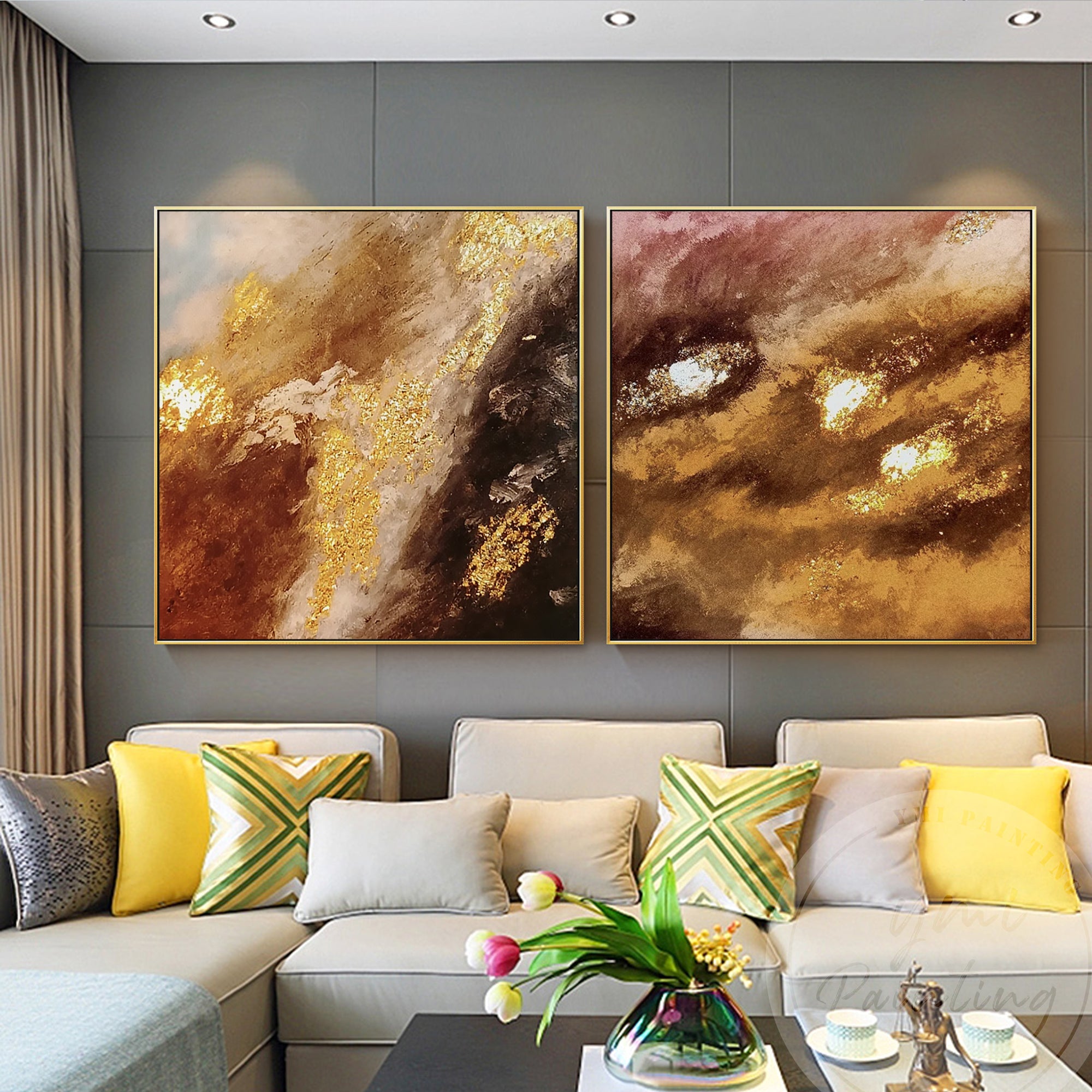 Minimalist art with gold foil accents capturing the essence of a fire cloud’s fading blaze above a modern sofa.