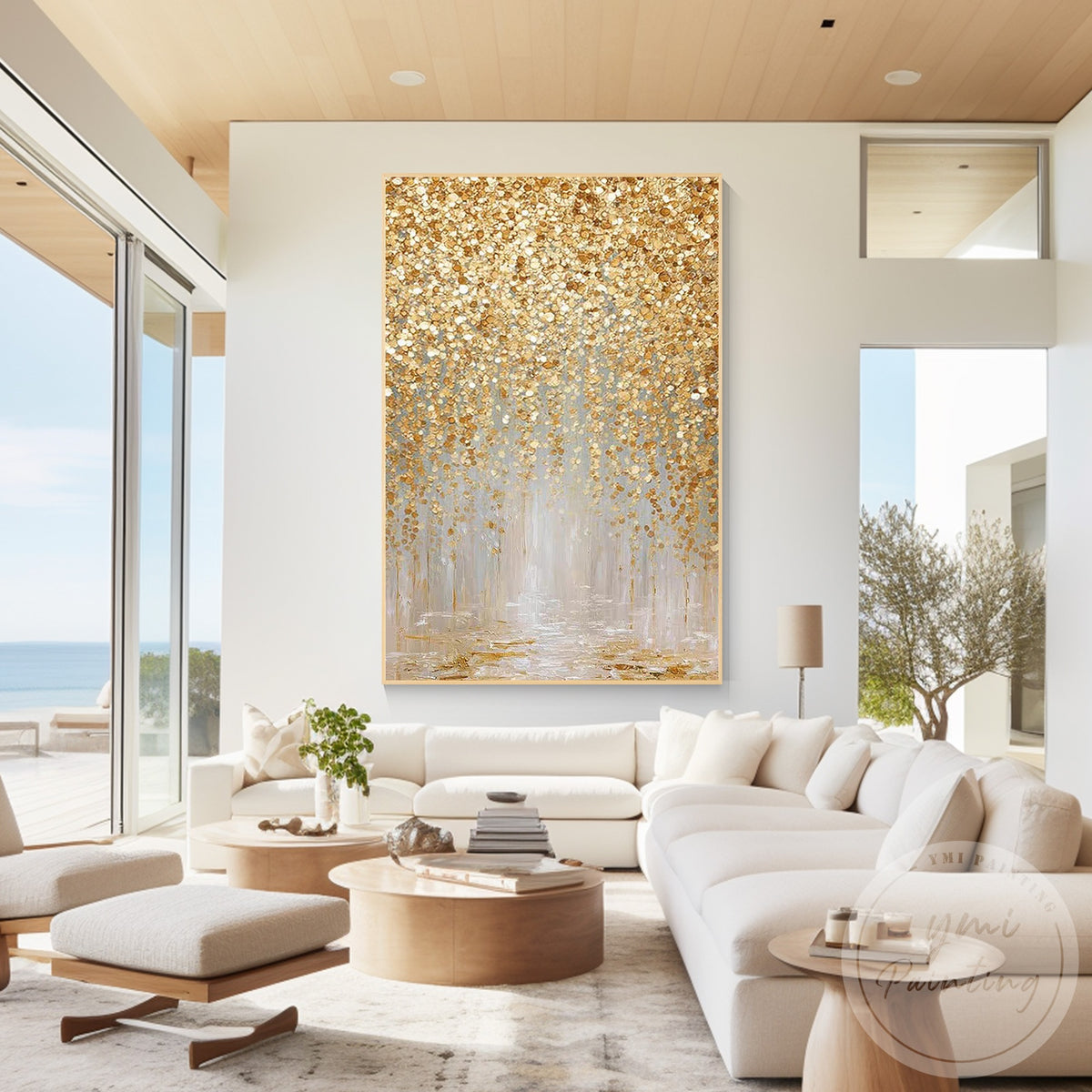 Glitter texture gold abstract painting for home decor