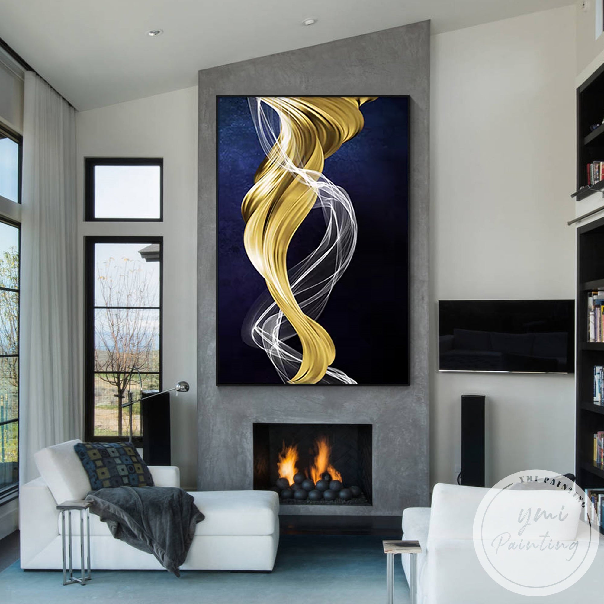 Large abstract ribbon artwork on canvas with luxury gold accents