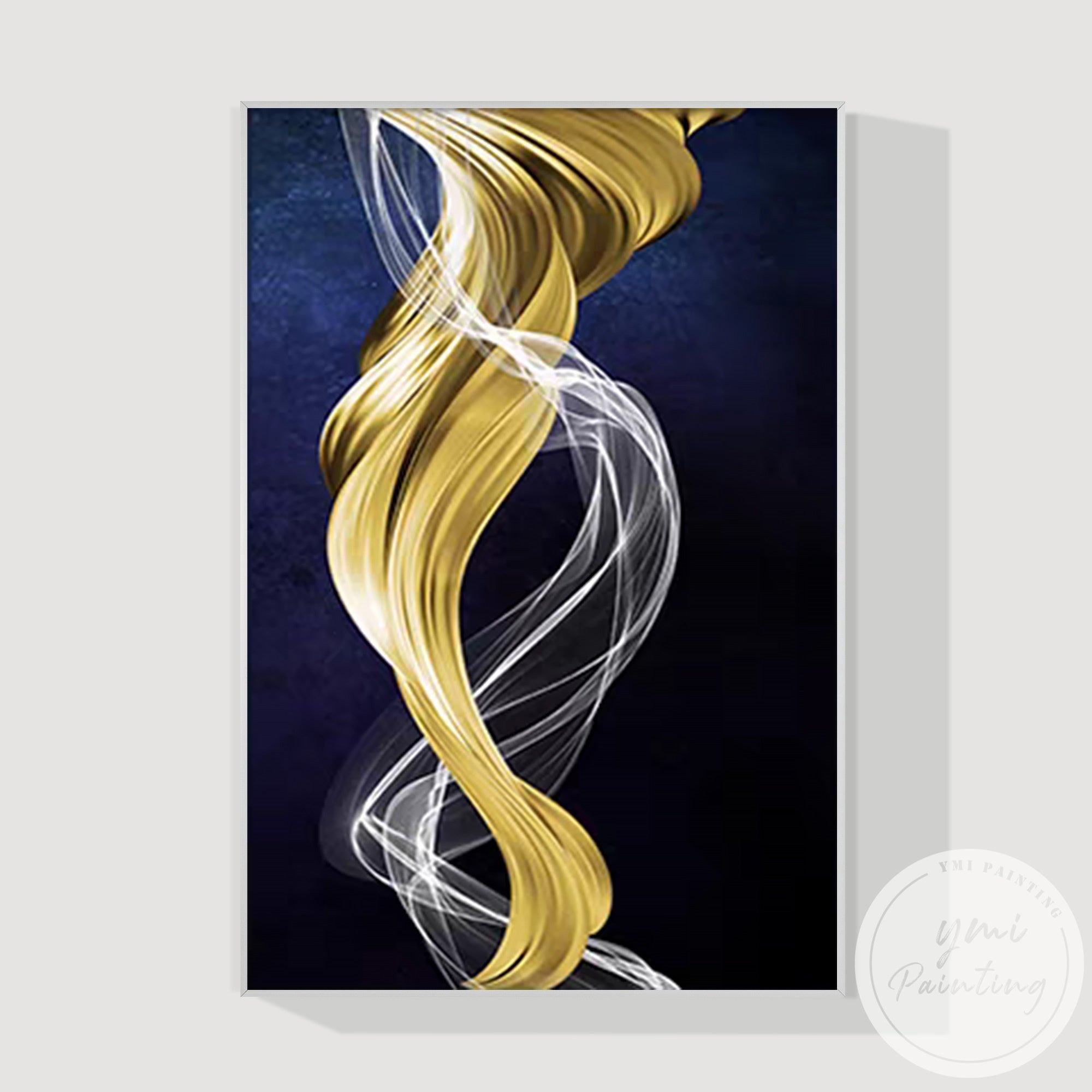 Gold navy blue ribbon abstract canvas wall art for modern home decor