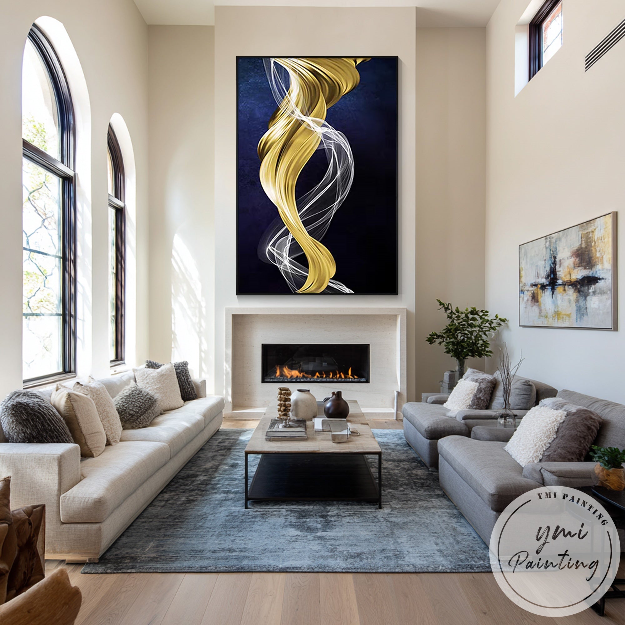 XL framed modern abstract painting with gold and navy ribbon design