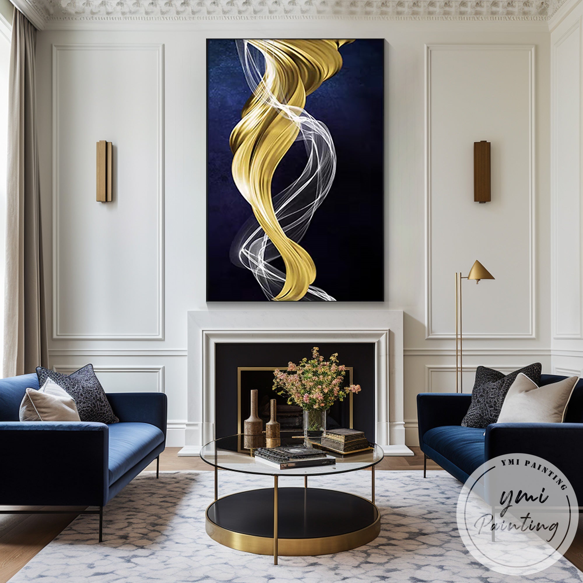 Modern framed wall decor with flowing gold and blue abstract lines