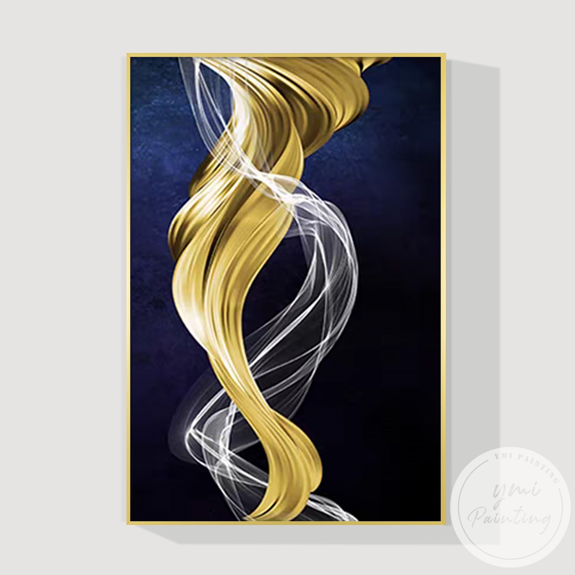 XL abstract framed artwork with dynamic gold navy composition