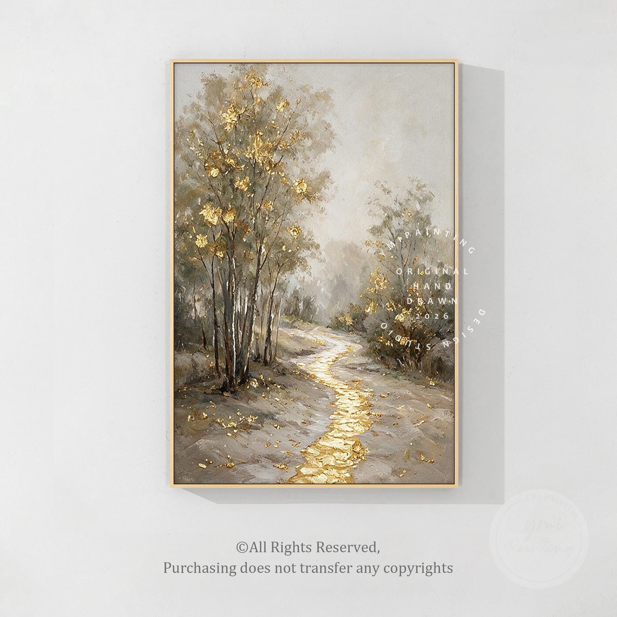 Golden forest path landscape wall art, full view