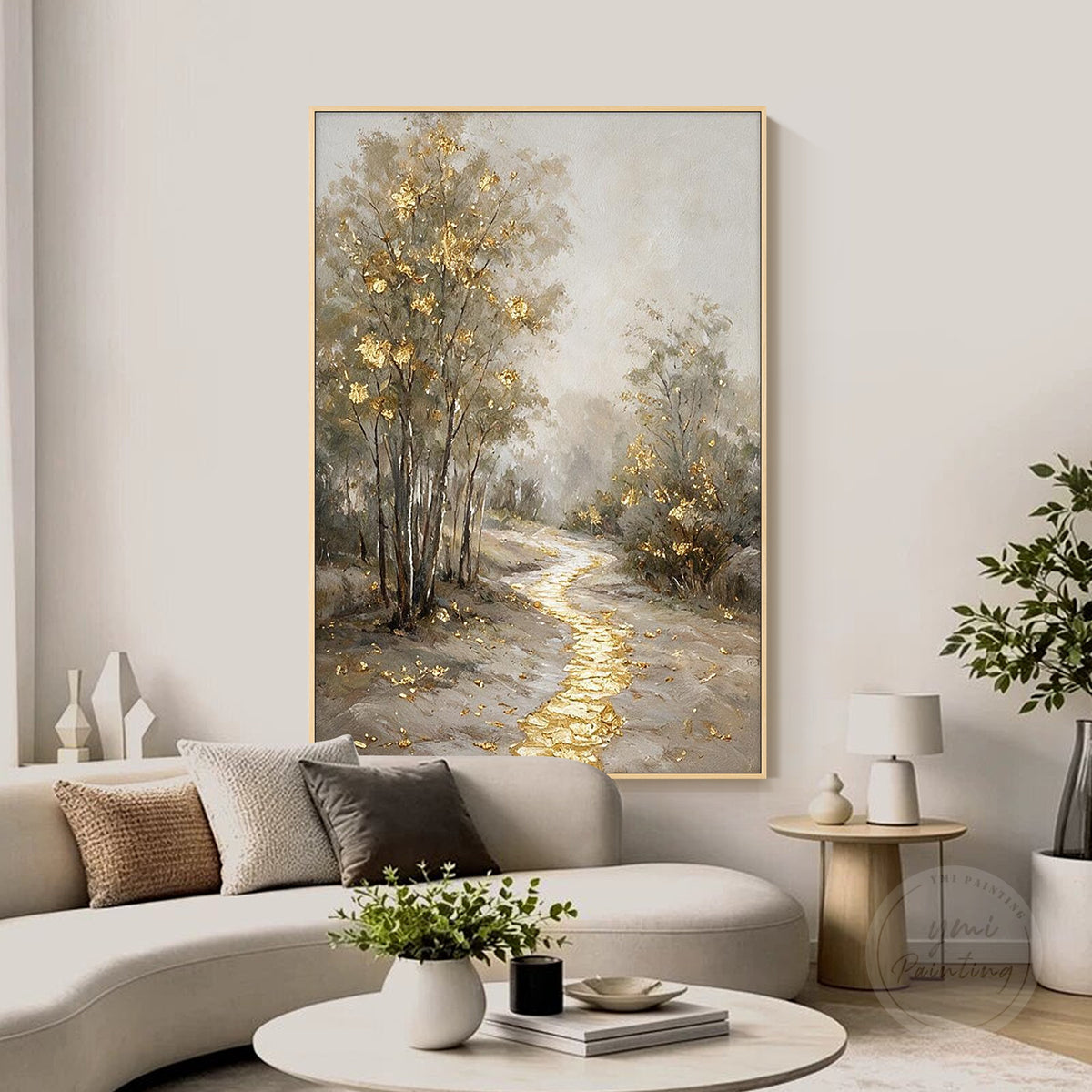 Golden forest path landscape wall art, texture detail